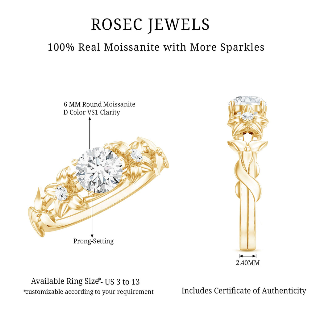 Round Cut 6 MM Moissanite Floral Engagement Ring