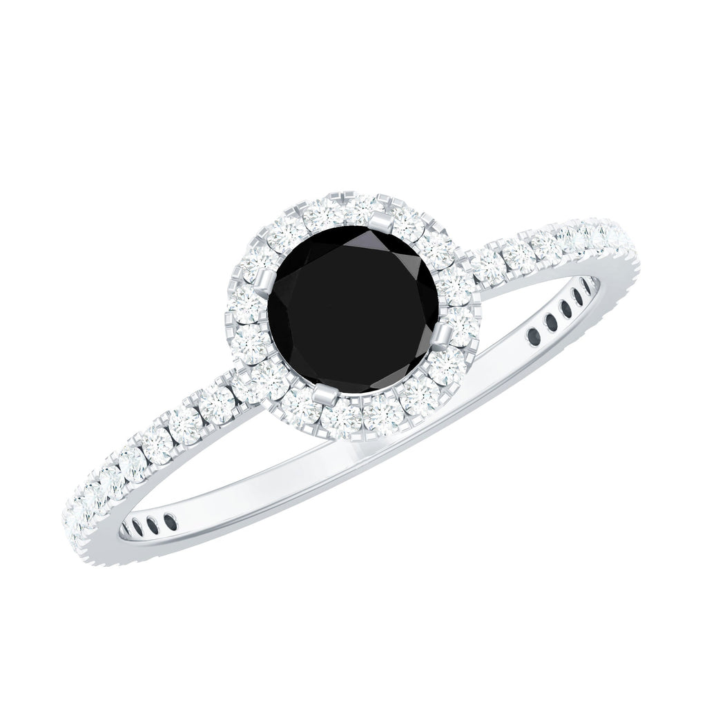 Black Spinel Minimal Engagement Ring with Diamond Halo