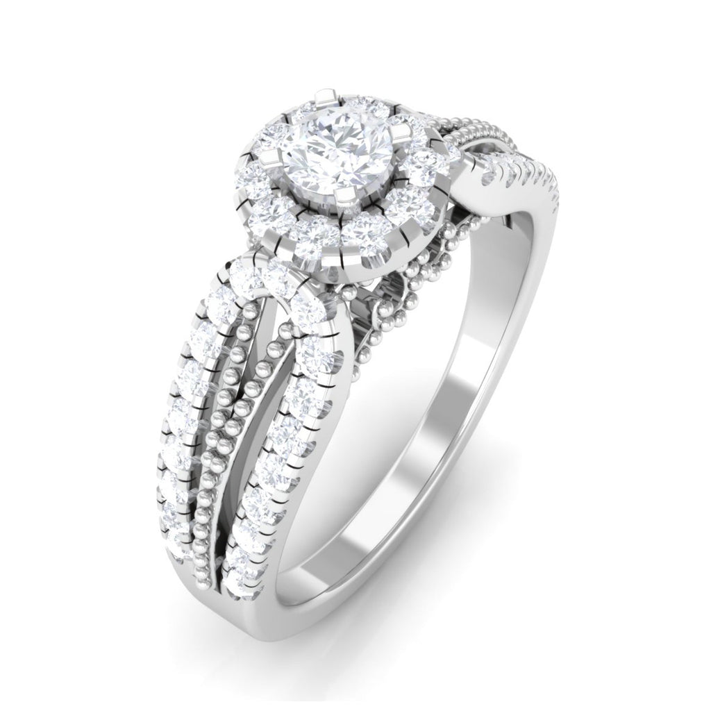 1 CT Split Shank Zircon Designer Engagement Ring with Beaded Gold