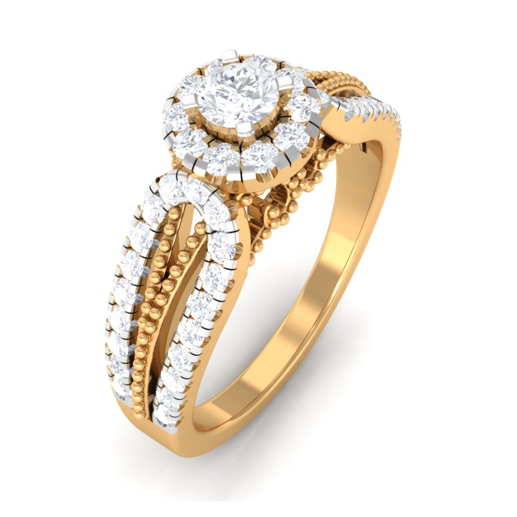 1 CT Split Shank Zircon Designer Engagement Ring with Beaded Gold