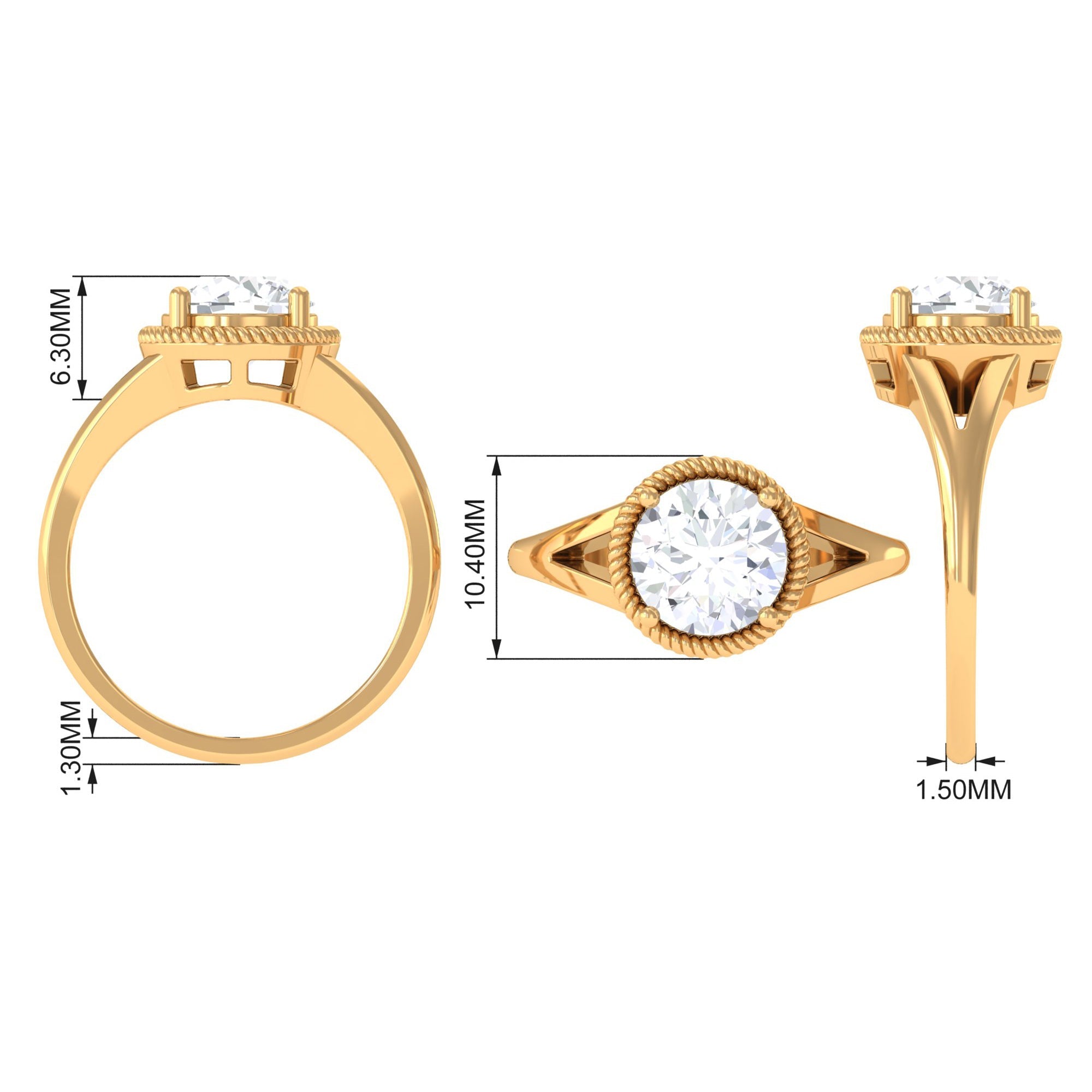 2 CT Round Cubic Zirconia Solitaire Gold Ring in Split Shank