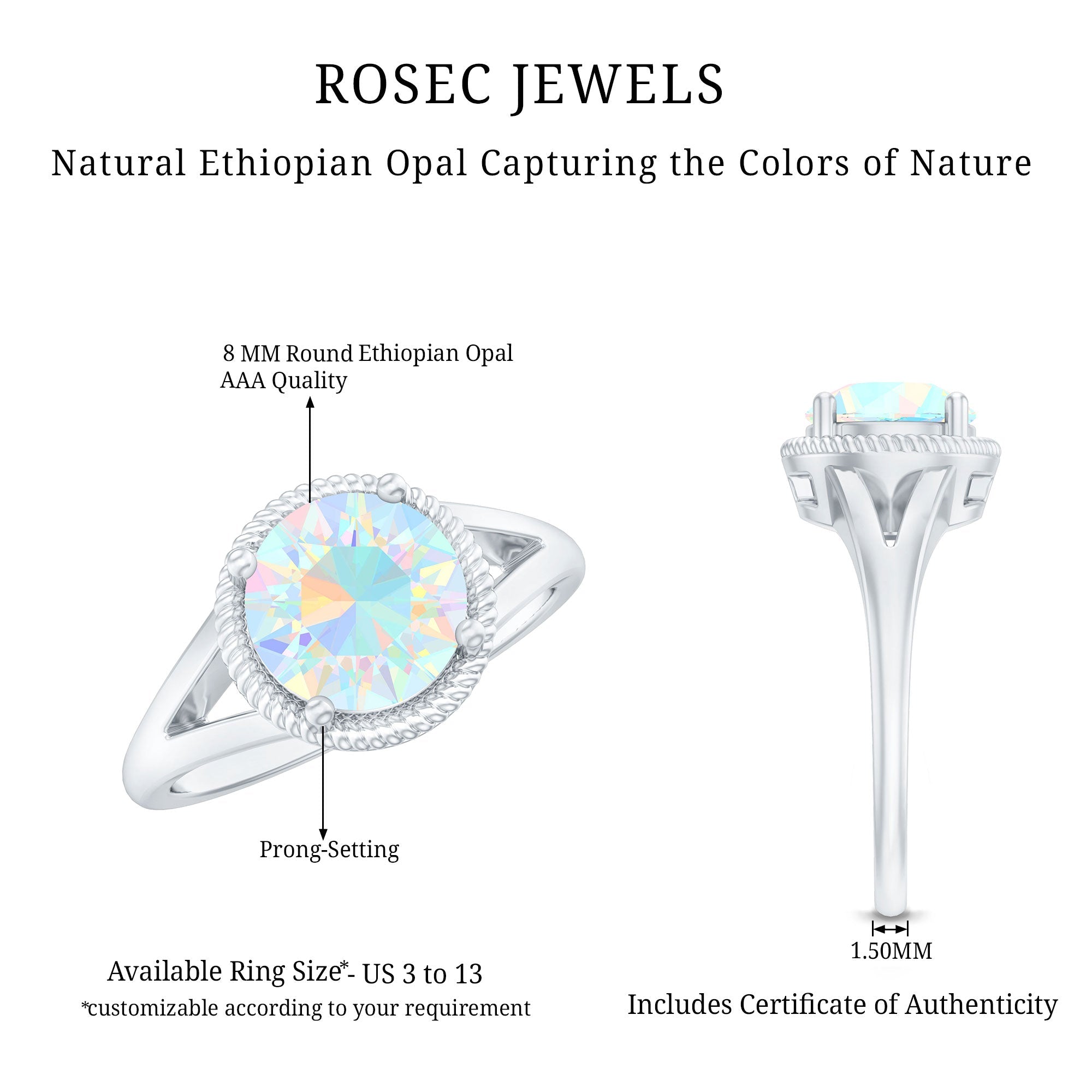 Certified Real 8 mm Round Ethiopian Opal Split Shank Engagement Ring with Twisted Rope