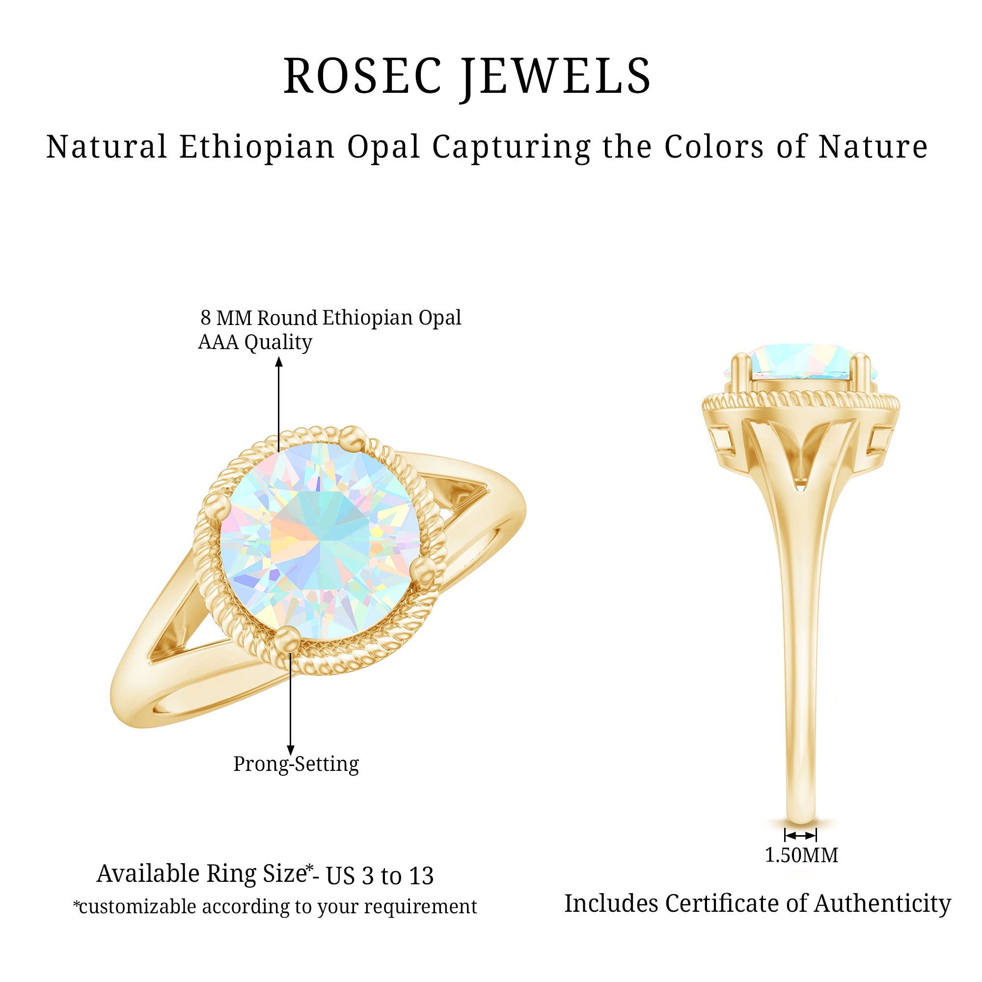 Certified Real 8 mm Round Ethiopian Opal Split Shank Engagement Ring with Twisted Rope