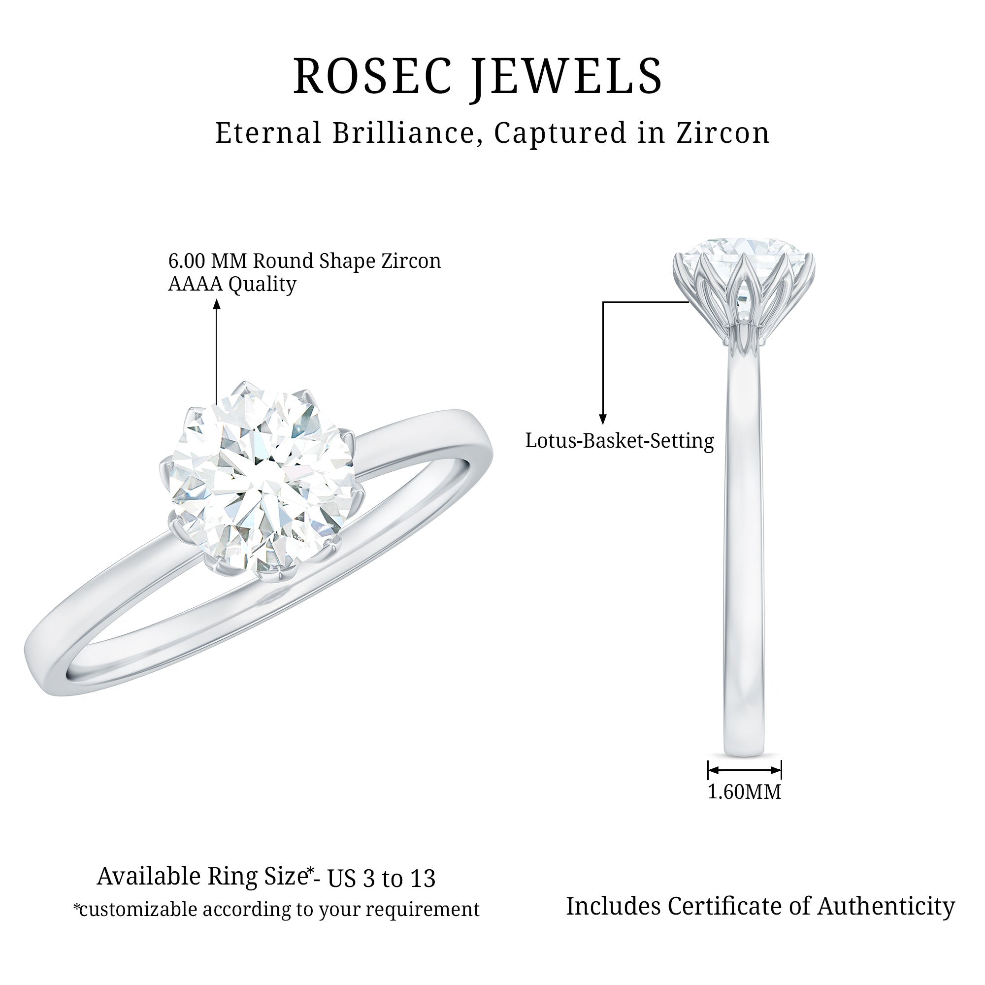 1 CT Simulated Diamond Solitaire Ring in Lotus Basket Setting