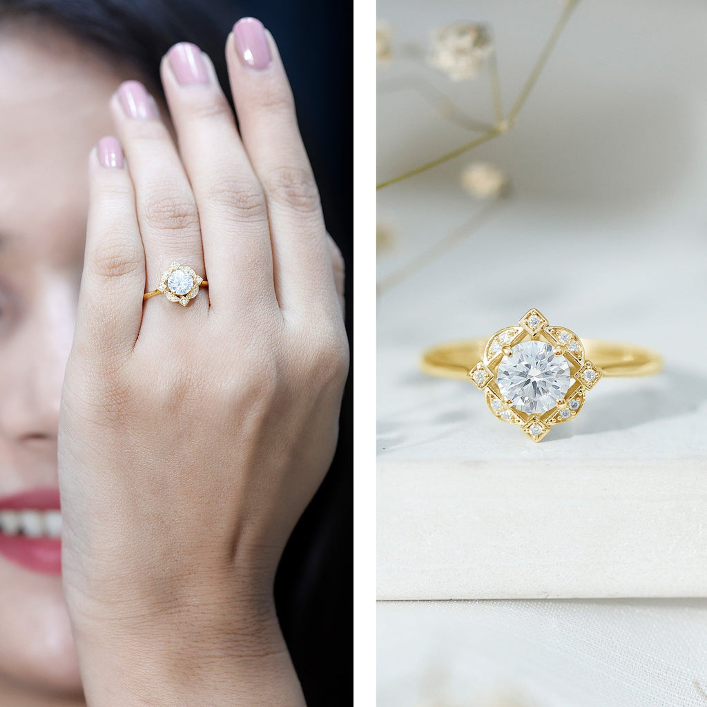 Vintage Inspired Zircon Engagement Ring in Gold