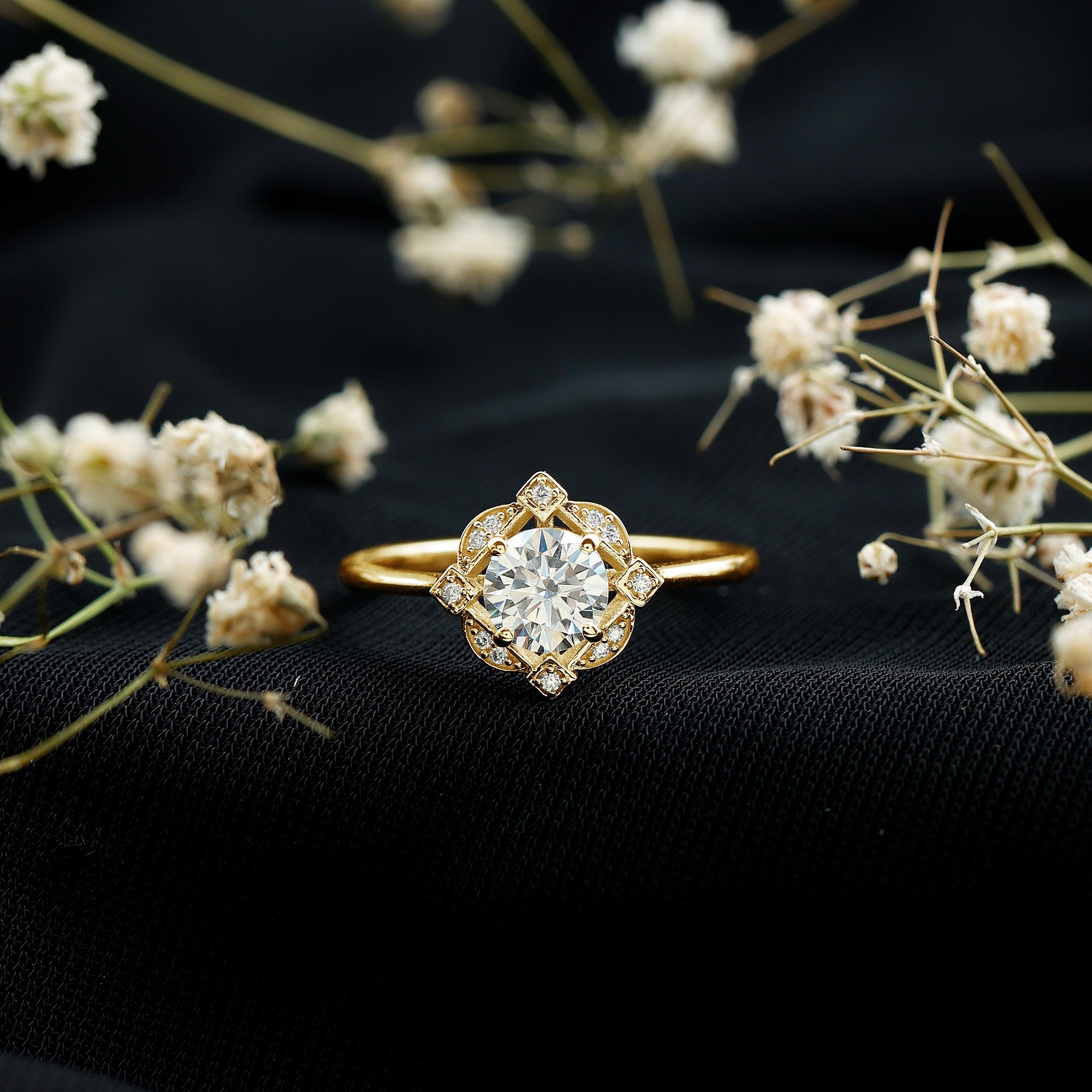 Vintage Inspired Zircon Engagement Ring in Gold