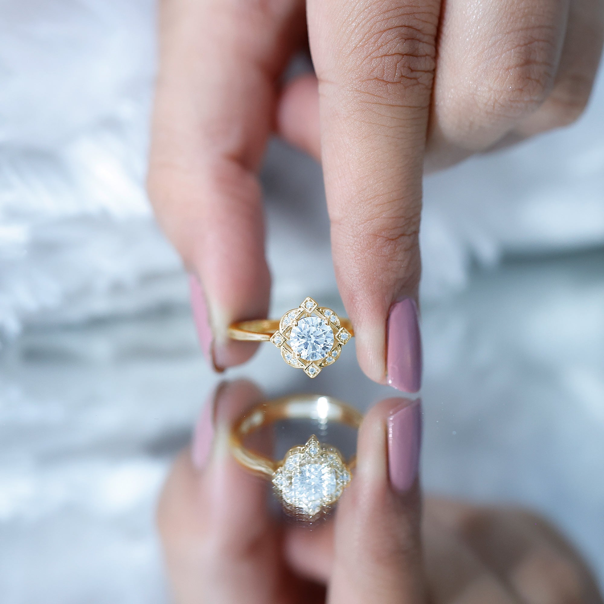 Vintage Inspired Zircon Engagement Ring in Gold
