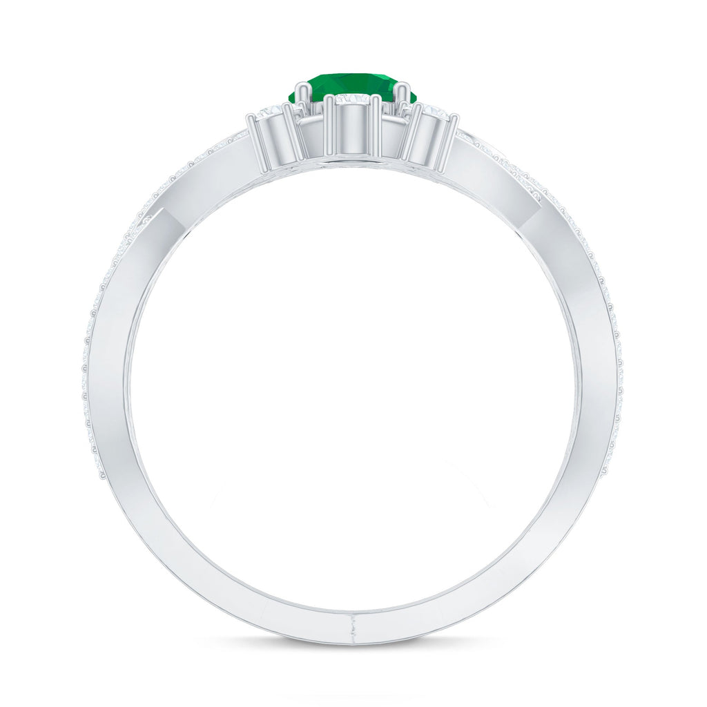 Natural Emerald Diamond Antique Style Engagement Ring with Crossover Shank