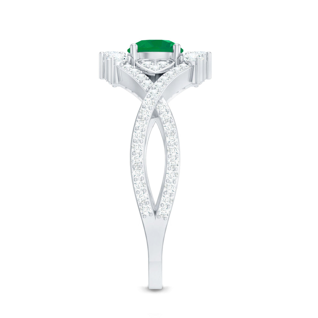 Natural Emerald Diamond Antique Style Engagement Ring with Crossover Shank