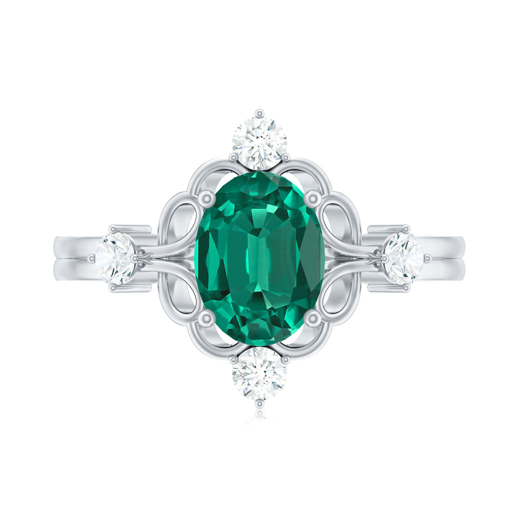 Vintage Inspired 1 Ct Lab Grown Emerald Oval Engagement Ring with Diamond