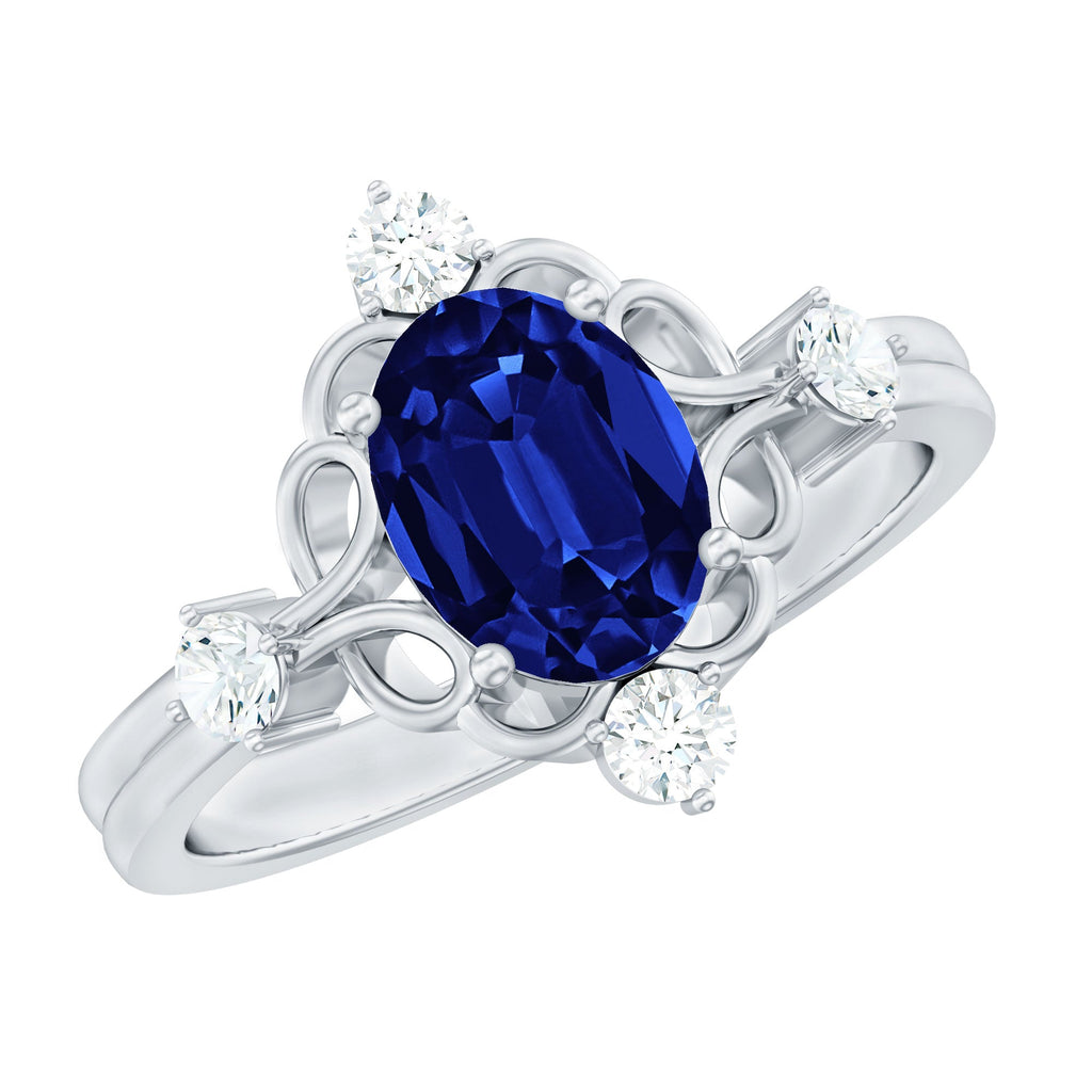 6X8 mm Oval Cut Lab Grown Blue Sapphire Oblong Engagement Ring with Diamond