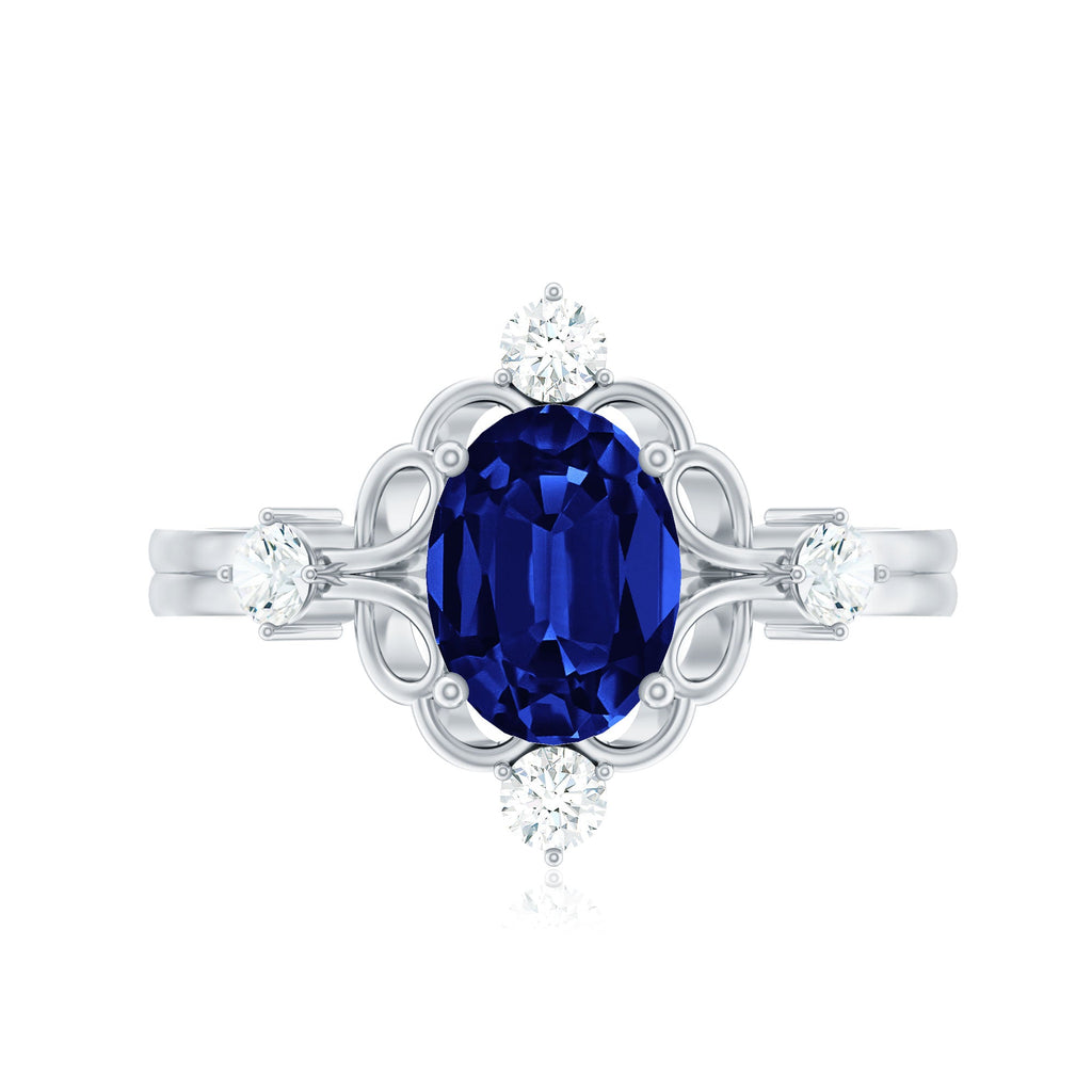 6X8 mm Oval Cut Lab Grown Blue Sapphire Oblong Engagement Ring with Diamond