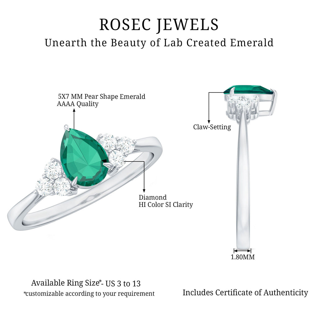Certified Lab Grown Emerald Pear Shaped Engagement Ring with Diamond Trio