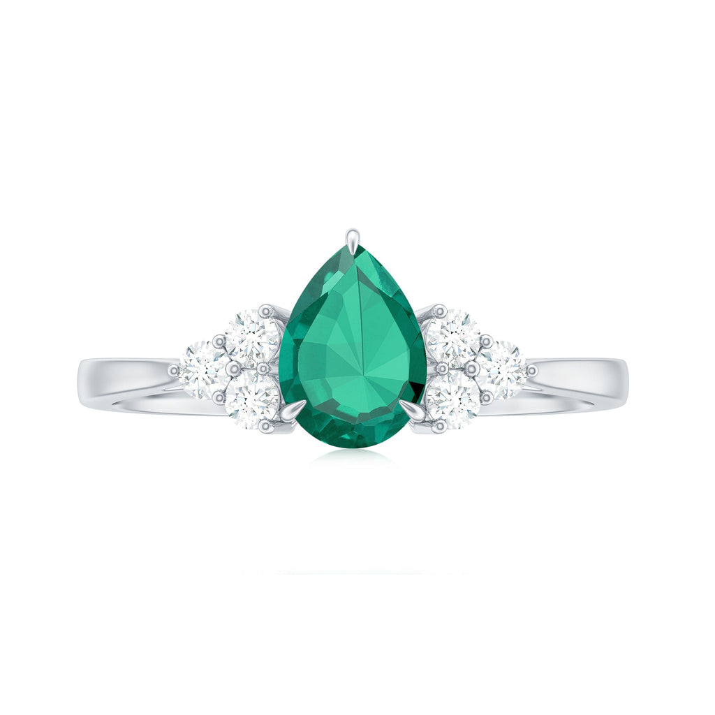 Certified Lab Grown Emerald Pear Shaped Engagement Ring with Diamond Trio