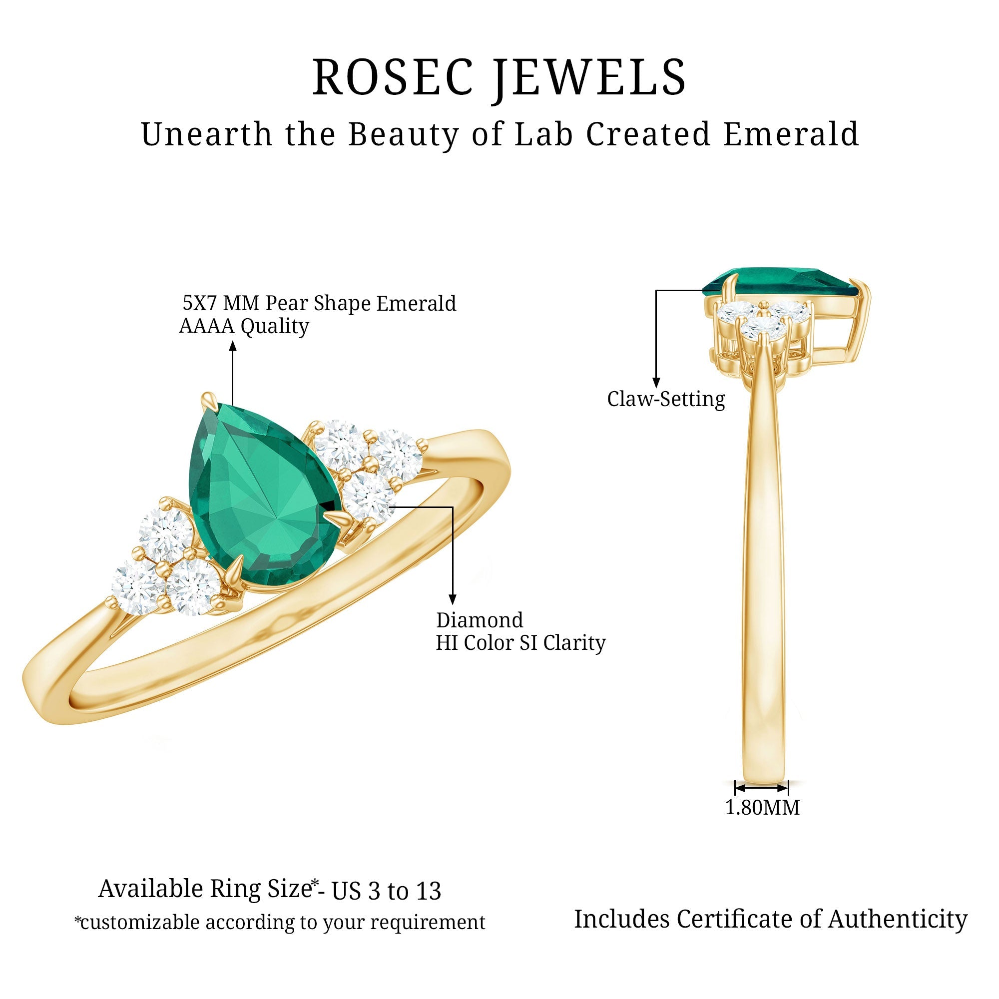 Certified Lab Grown Emerald Pear Shaped Engagement Ring with Diamond Trio