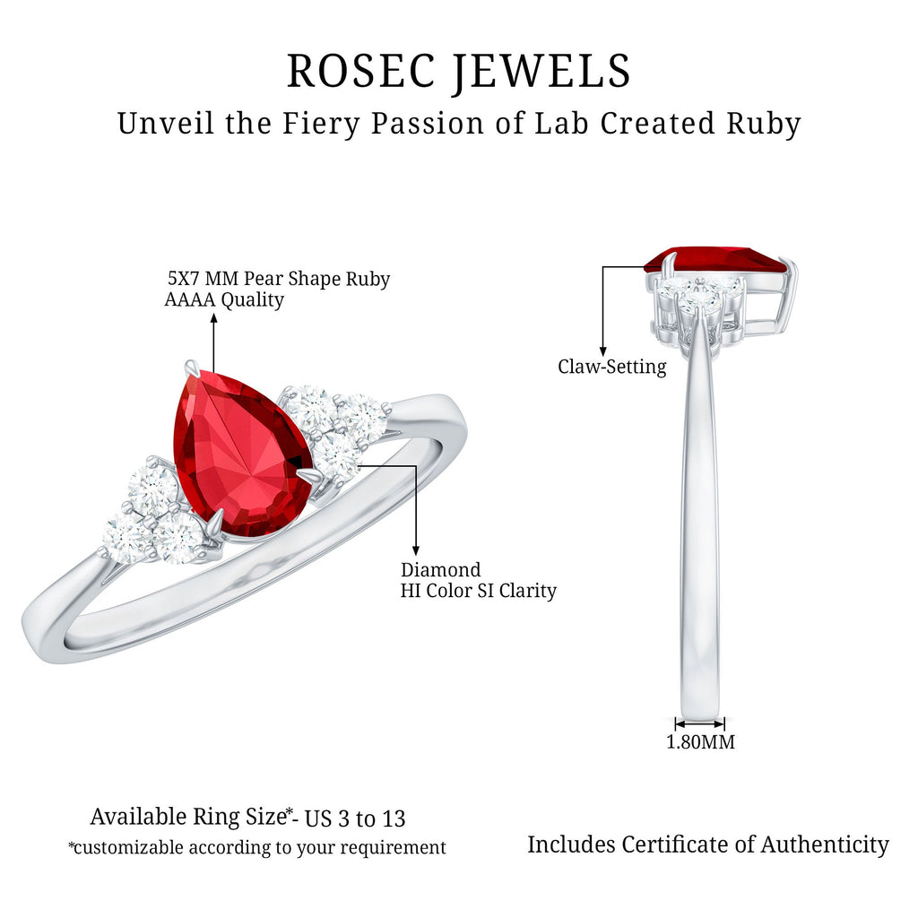 Pear Shaped Lab Ruby Engagement Ring with Diamond Trio