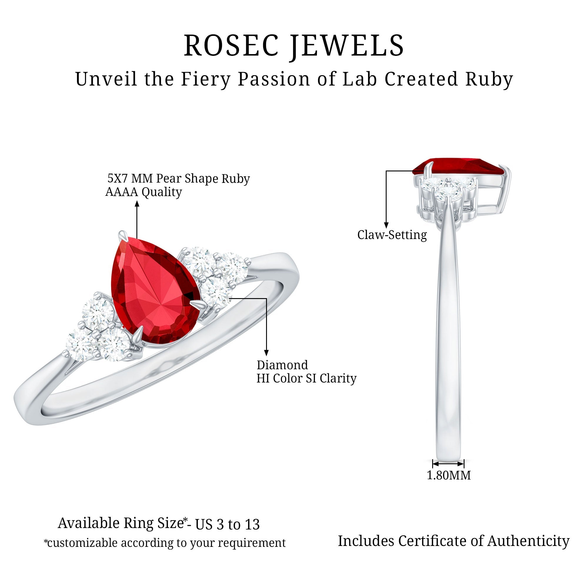Pear Shaped Lab Ruby Engagement Ring with Diamond Trio