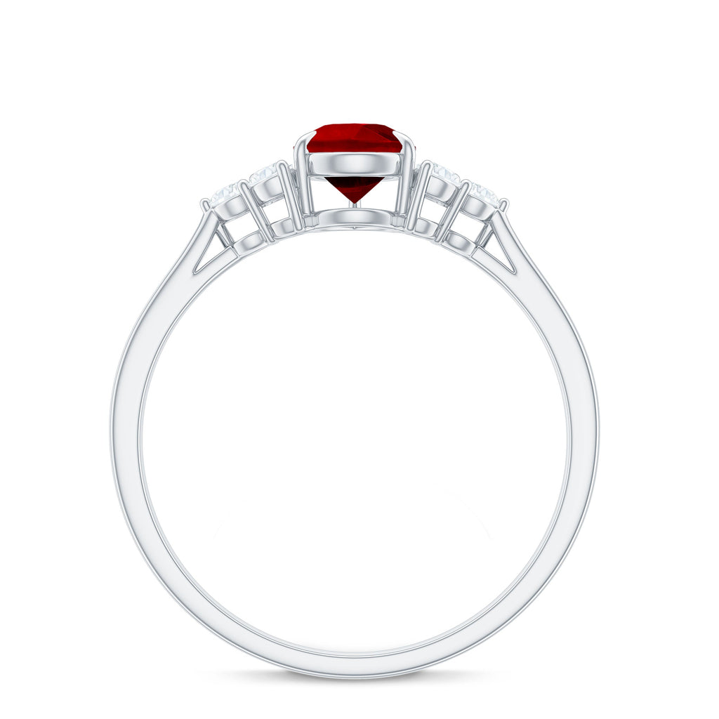 Pear Shaped Lab Ruby Engagement Ring with Diamond Trio