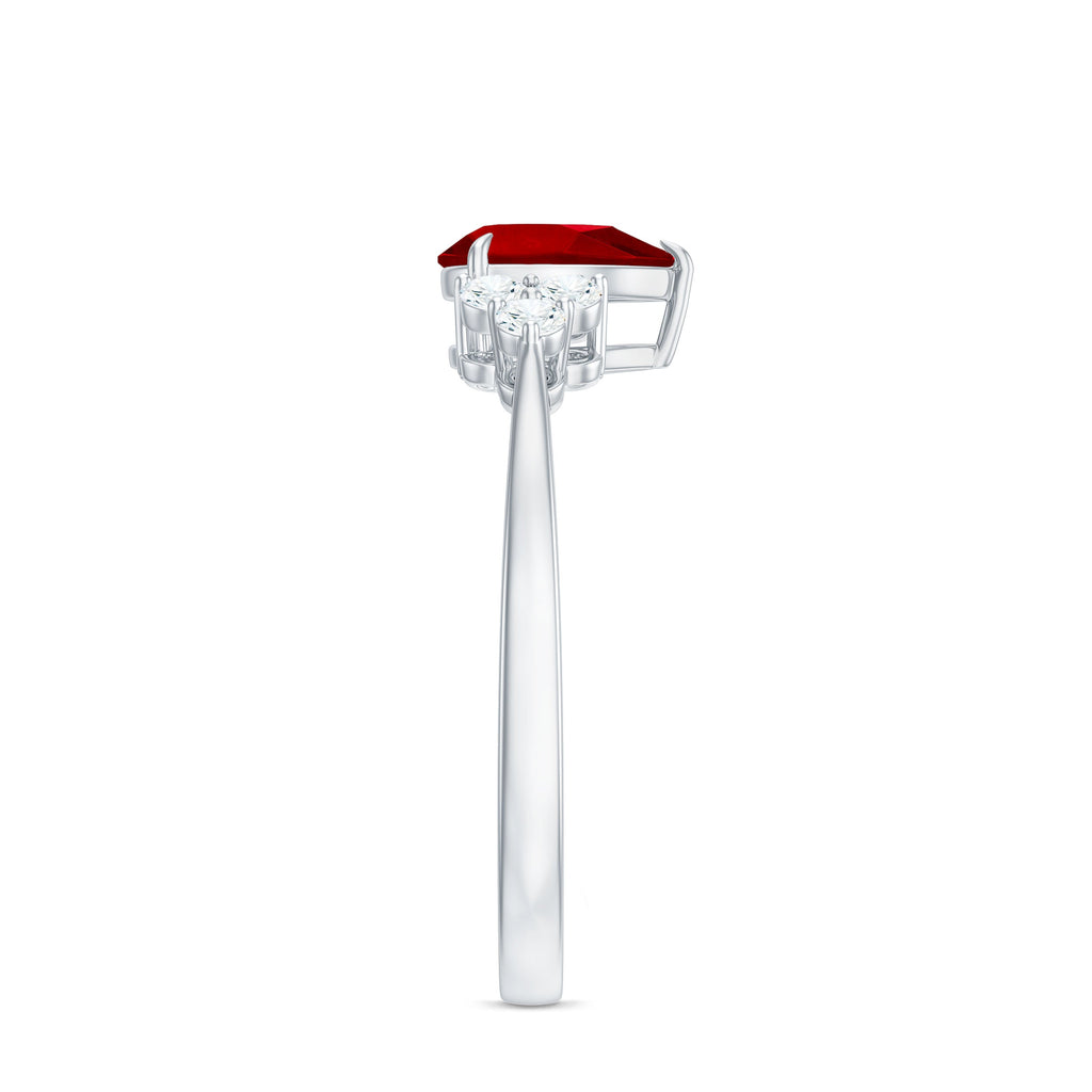 Pear Shaped Lab Ruby Engagement Ring with Diamond Trio