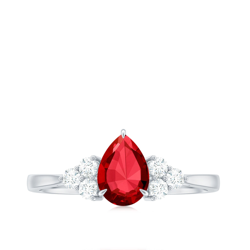 Pear Shaped Lab Ruby Engagement Ring with Diamond Trio