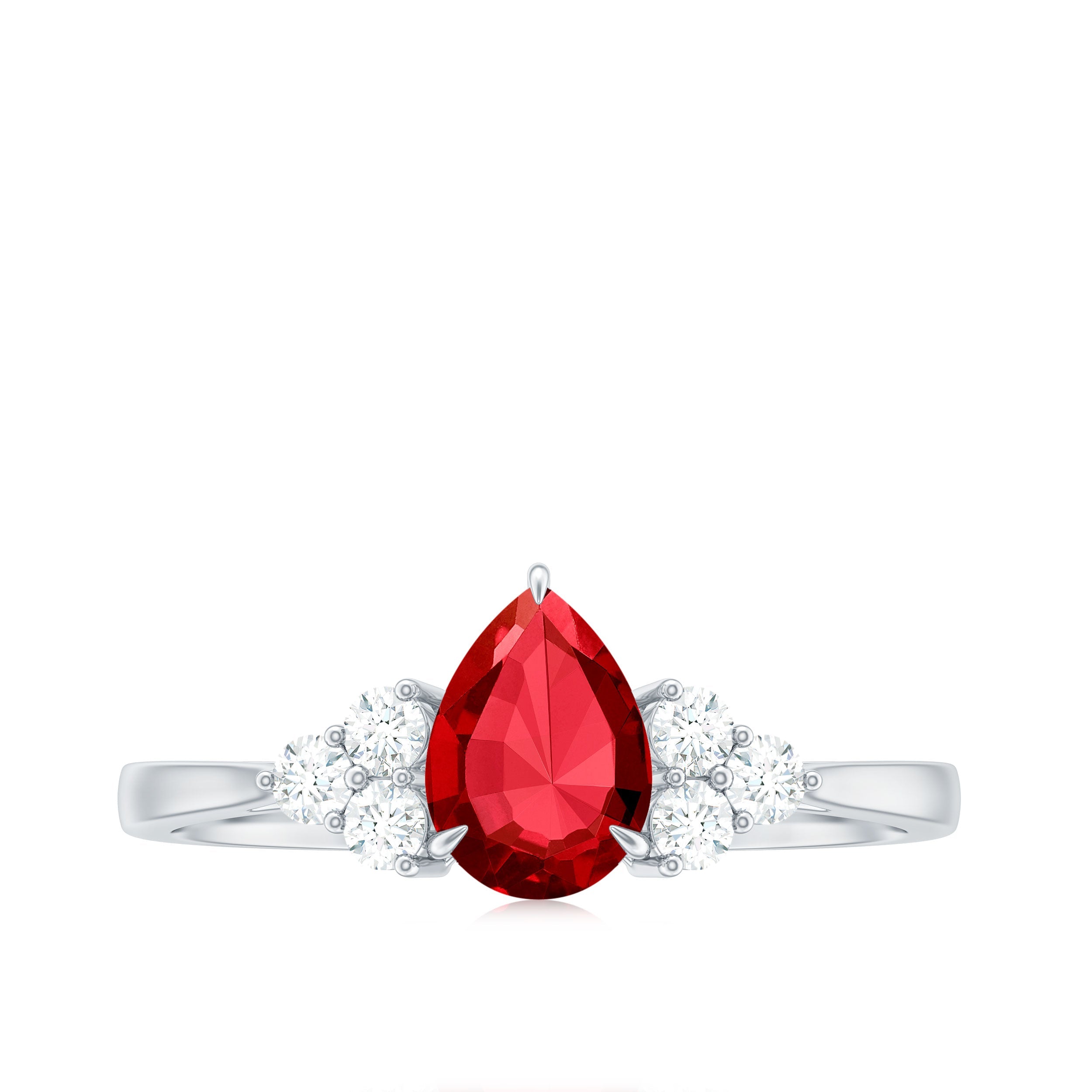 Pear Shaped Lab Ruby Engagement Ring with Diamond Trio