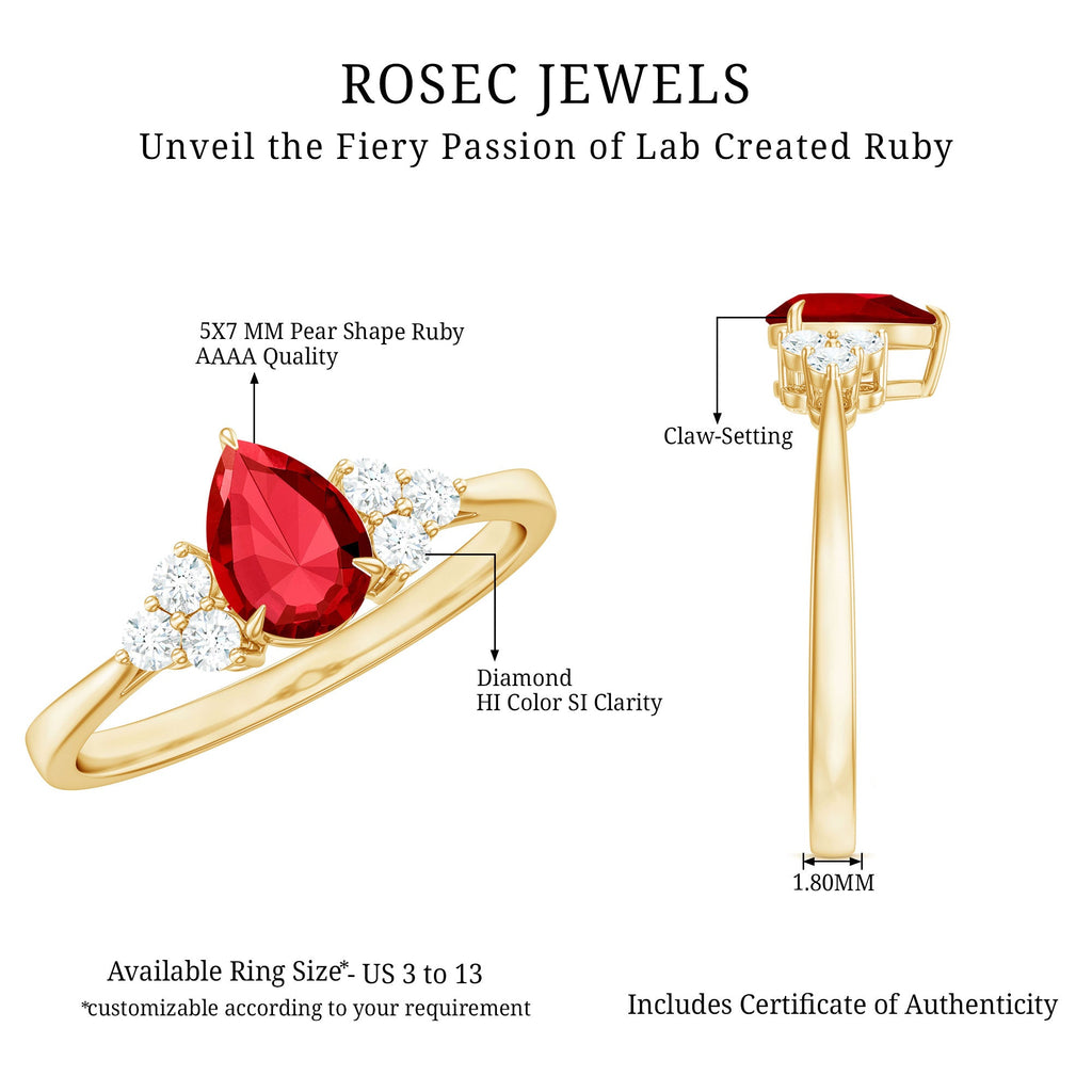 Pear Shaped Lab Ruby Engagement Ring with Diamond Trio