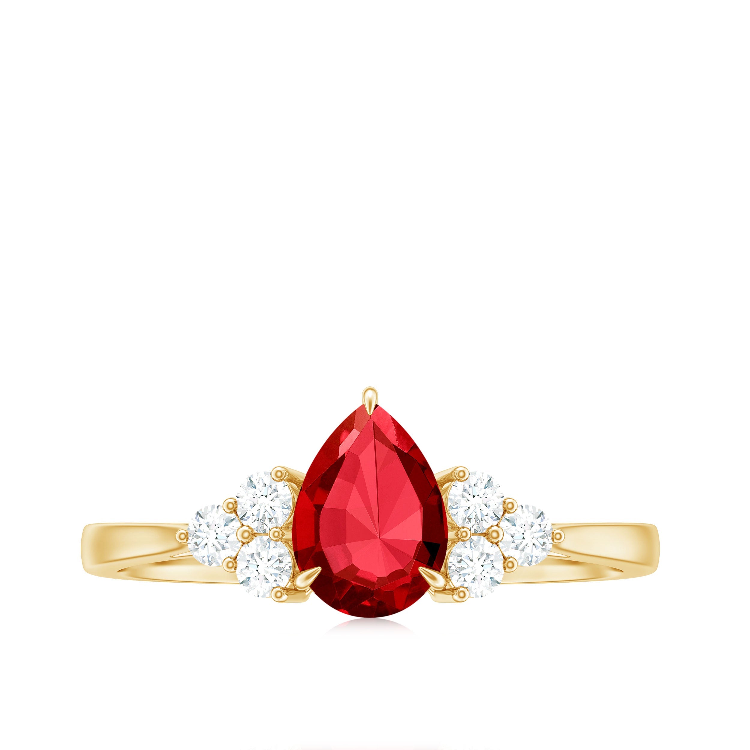 Pear Shaped Lab Ruby Engagement Ring with Diamond Trio