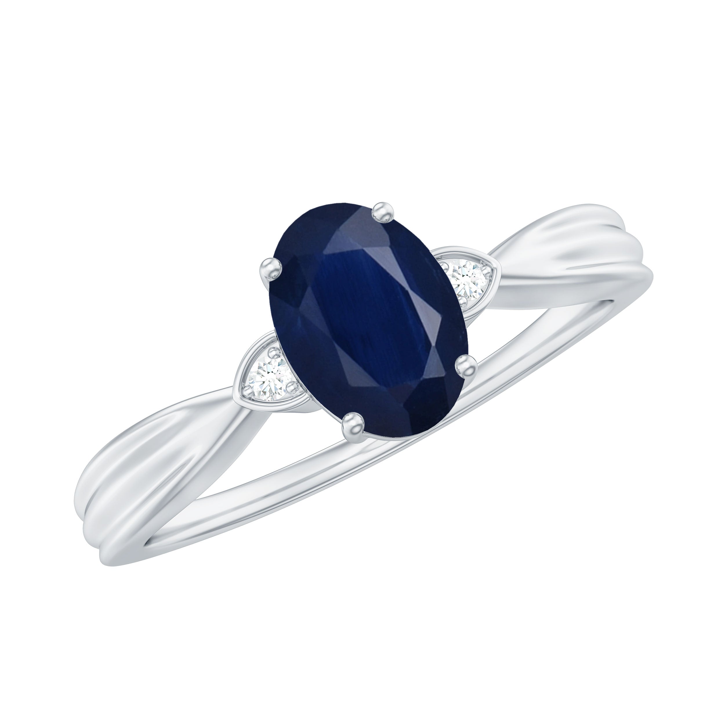 Oval Shape Real Blue Sapphire Solitaire Ring with Diamond
