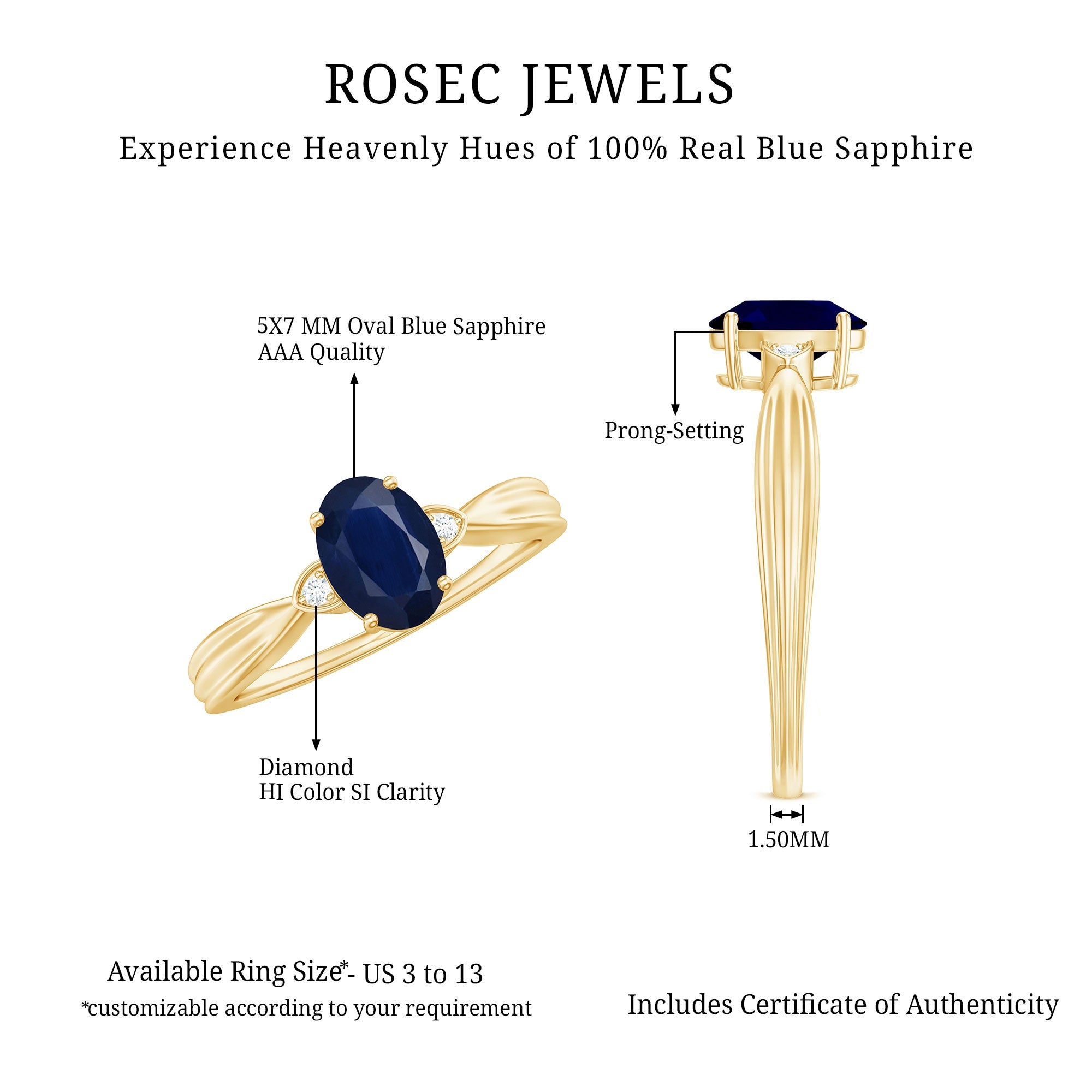 Oval Shape Real Blue Sapphire Solitaire Ring with Diamond