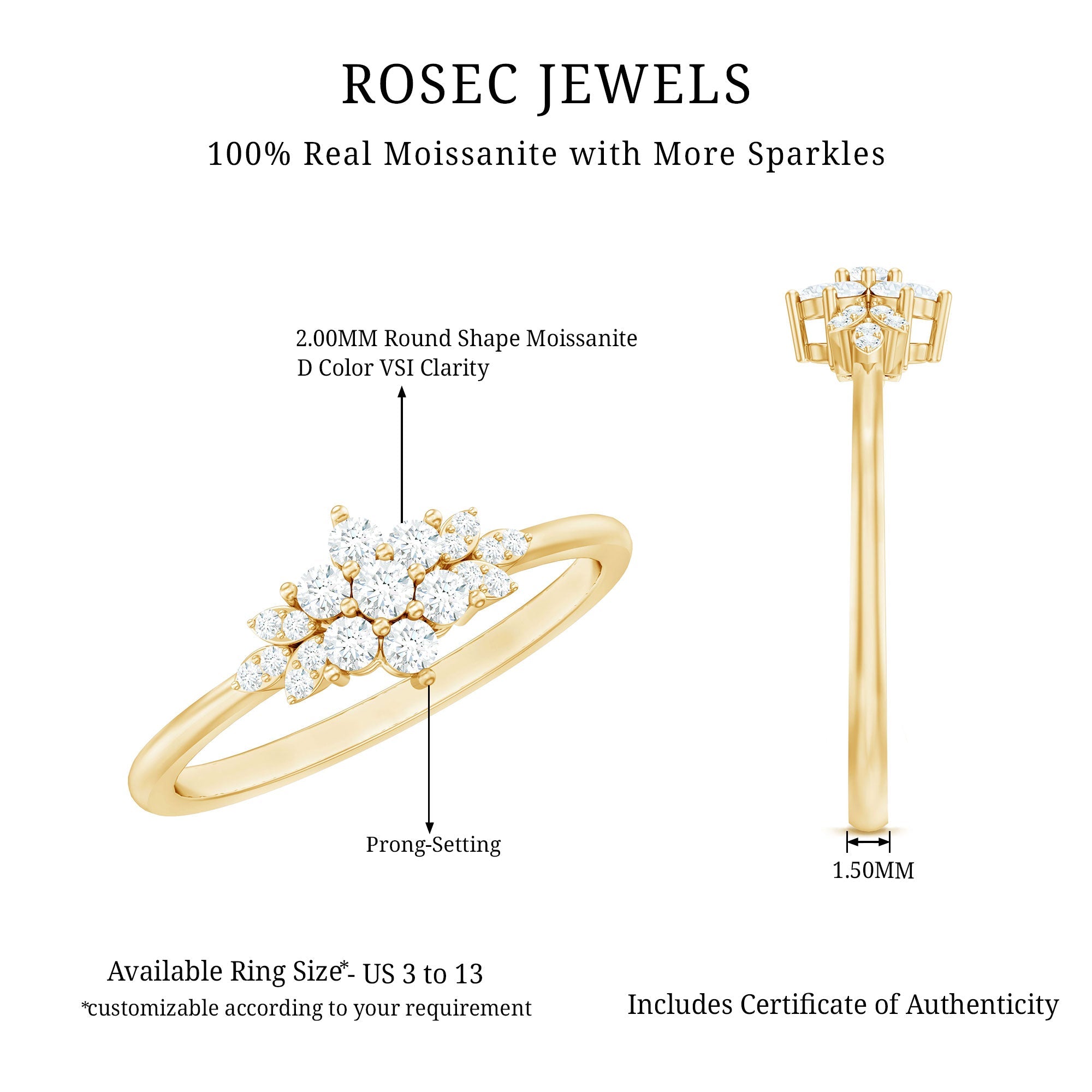 Certified Moissanite Flower Cluster Ring for Women