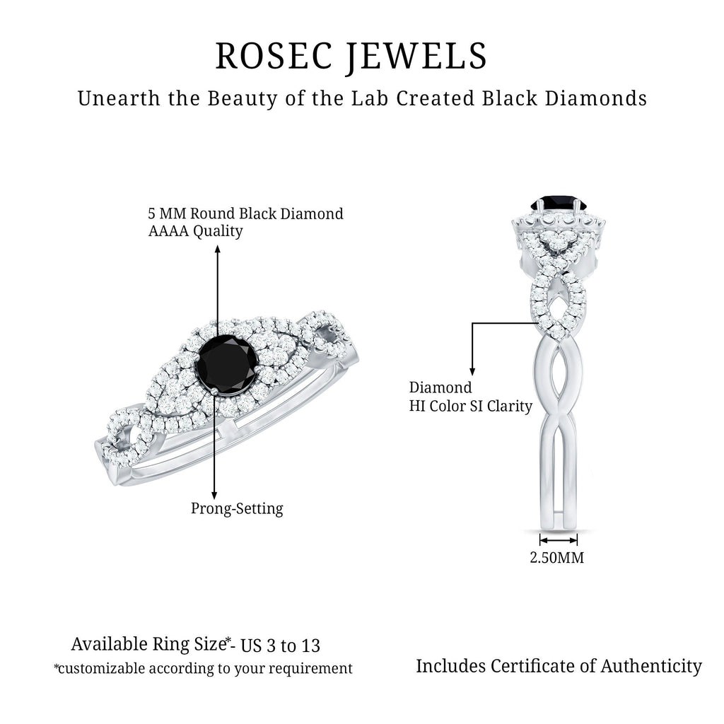 Vintage Crossover Engagement Ring with Created Black Diamond and Diamond