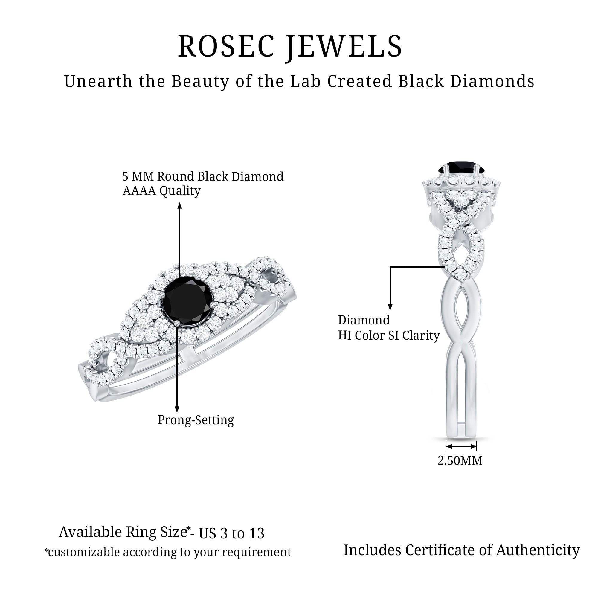 Vintage Crossover Engagement Ring with Created Black Diamond and Diamond