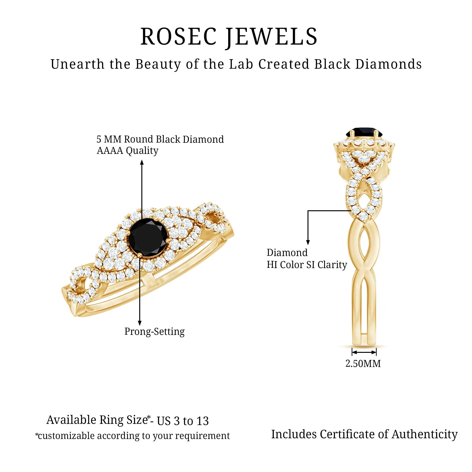 Vintage Crossover Engagement Ring with Created Black Diamond and Diamond