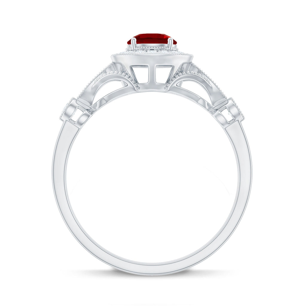 Antique Inspired Lab Created Ruby and Diamond Engagement Ring