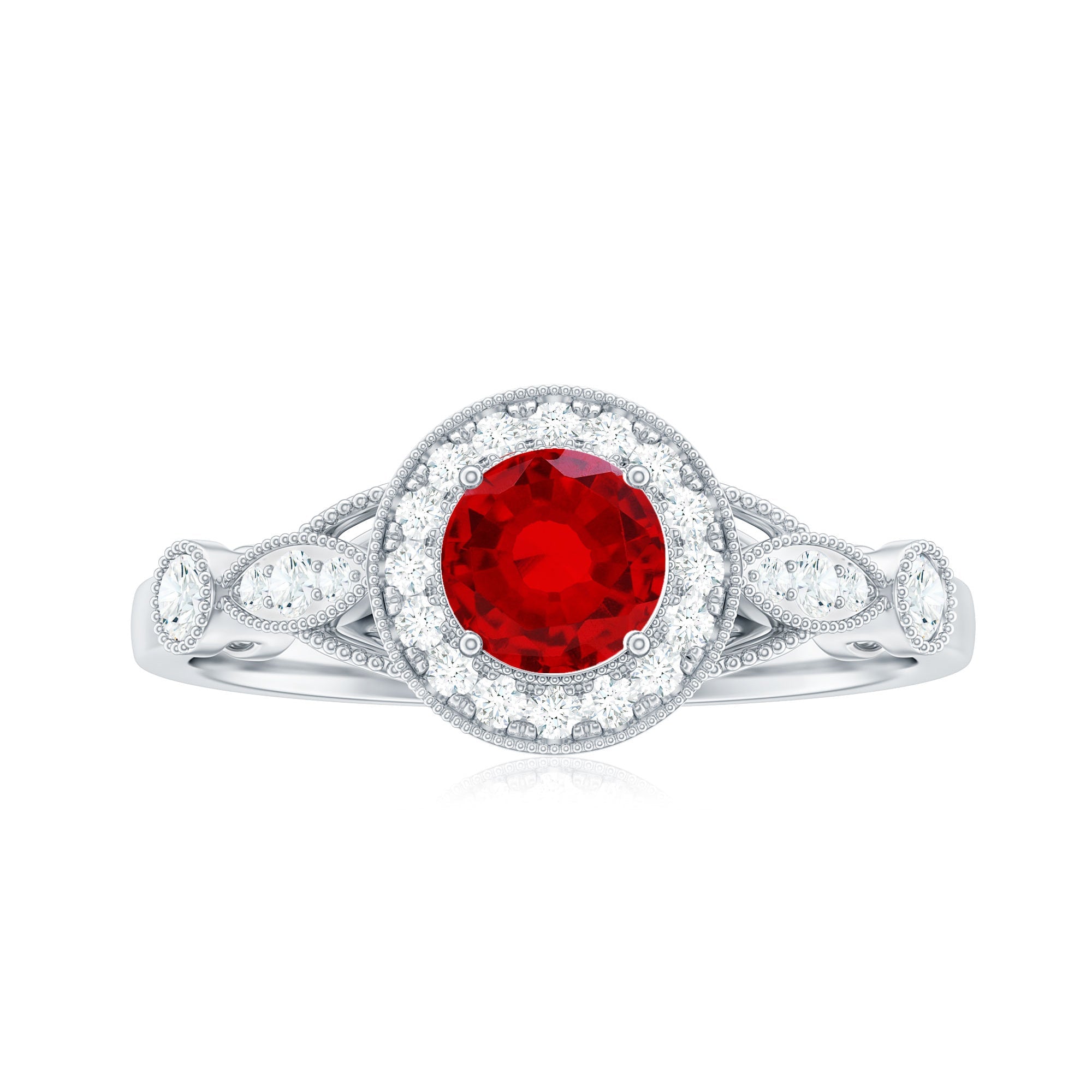 Antique Inspired Lab Created Ruby and Diamond Engagement Ring