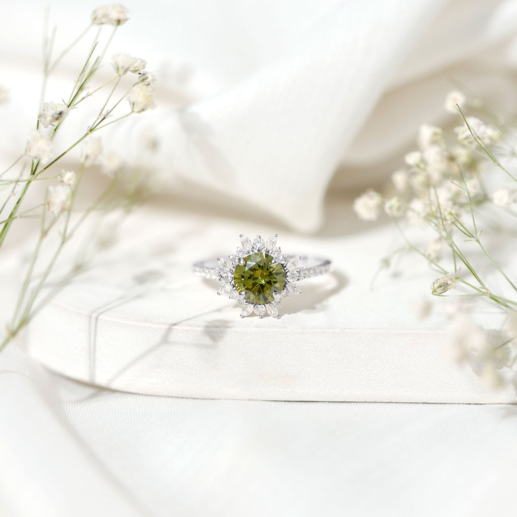 2.25 Carat Lab Grown Green Sapphire Statement Engagement Ring with Moissanite