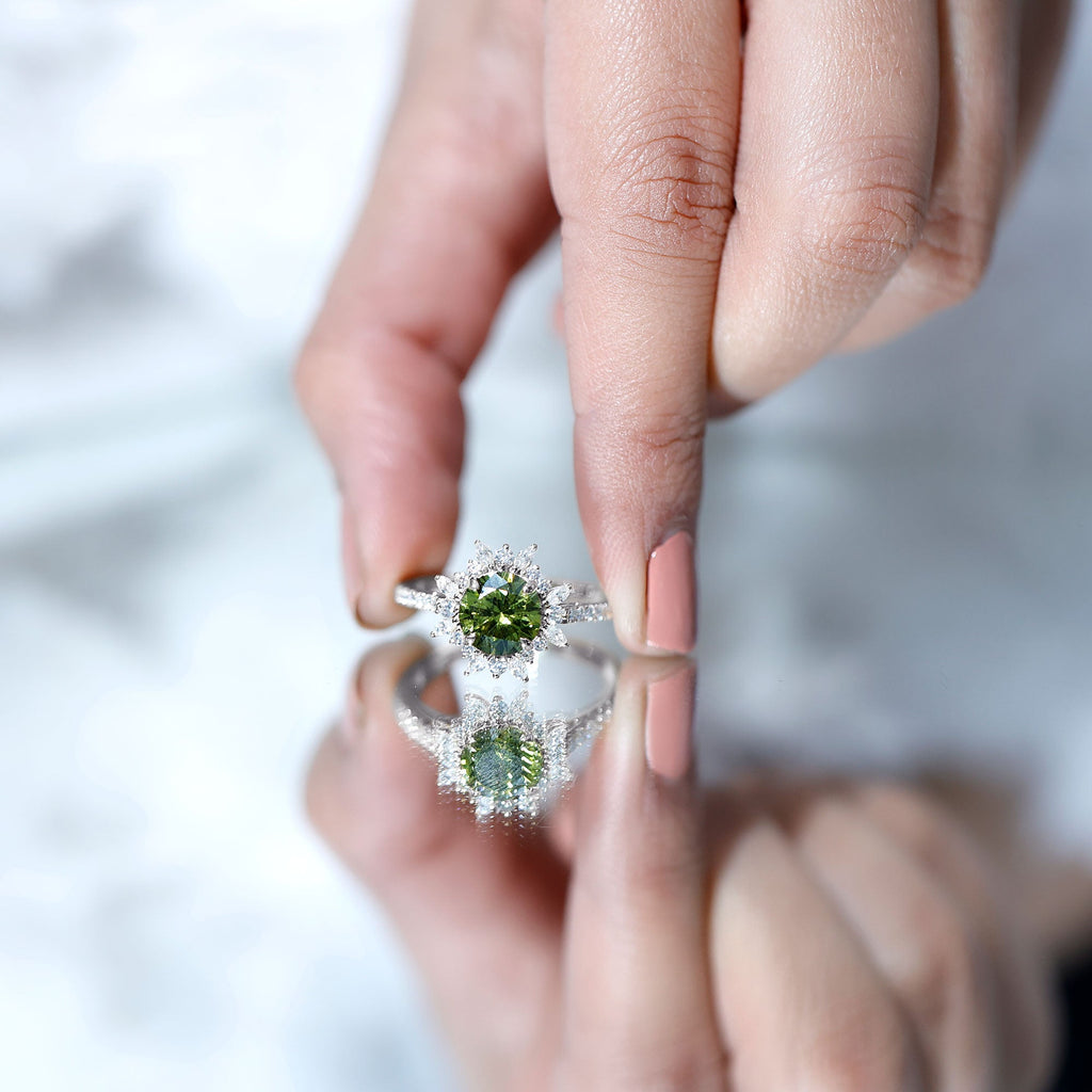 2.25 Carat Lab Grown Green Sapphire Statement Engagement Ring with Moissanite
