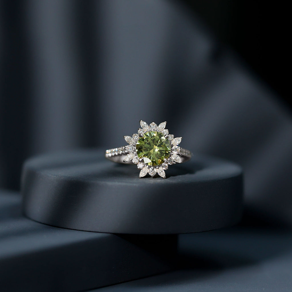 2.25 Carat Lab Grown Green Sapphire Statement Engagement Ring with Moissanite