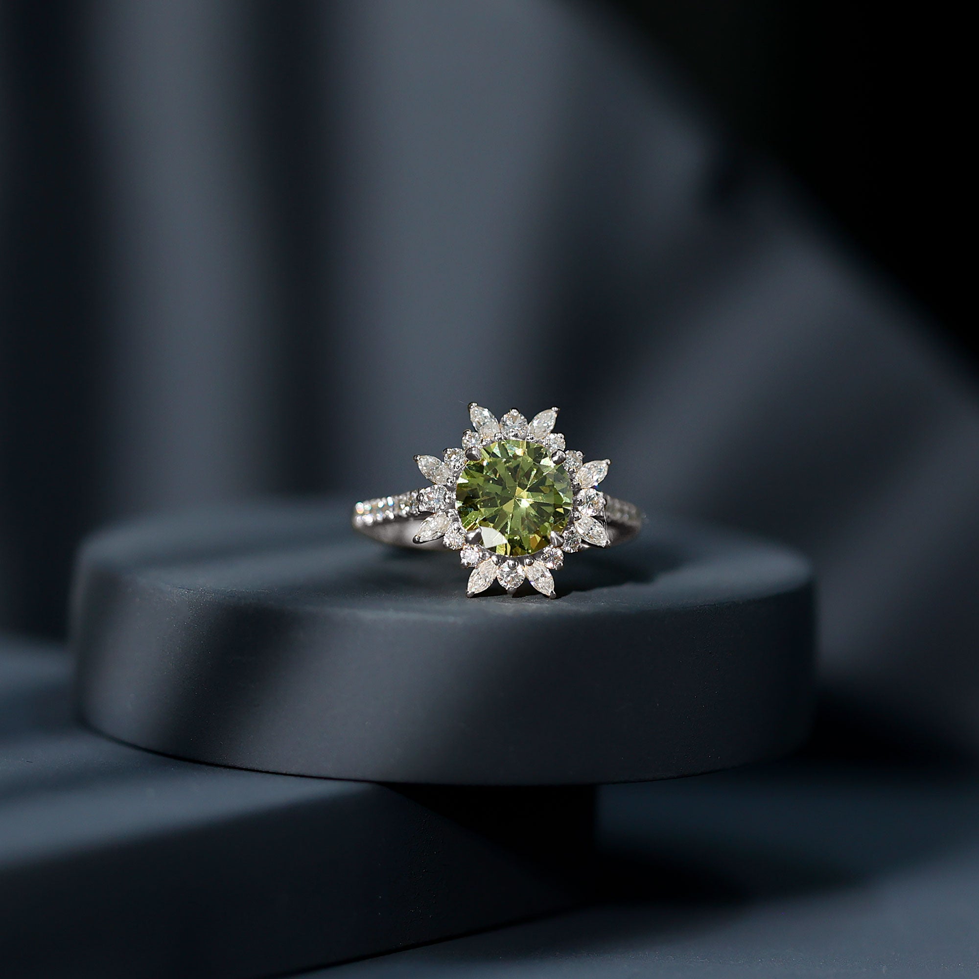 2.25 Carat Lab Grown Green Sapphire Statement Engagement Ring with Moissanite