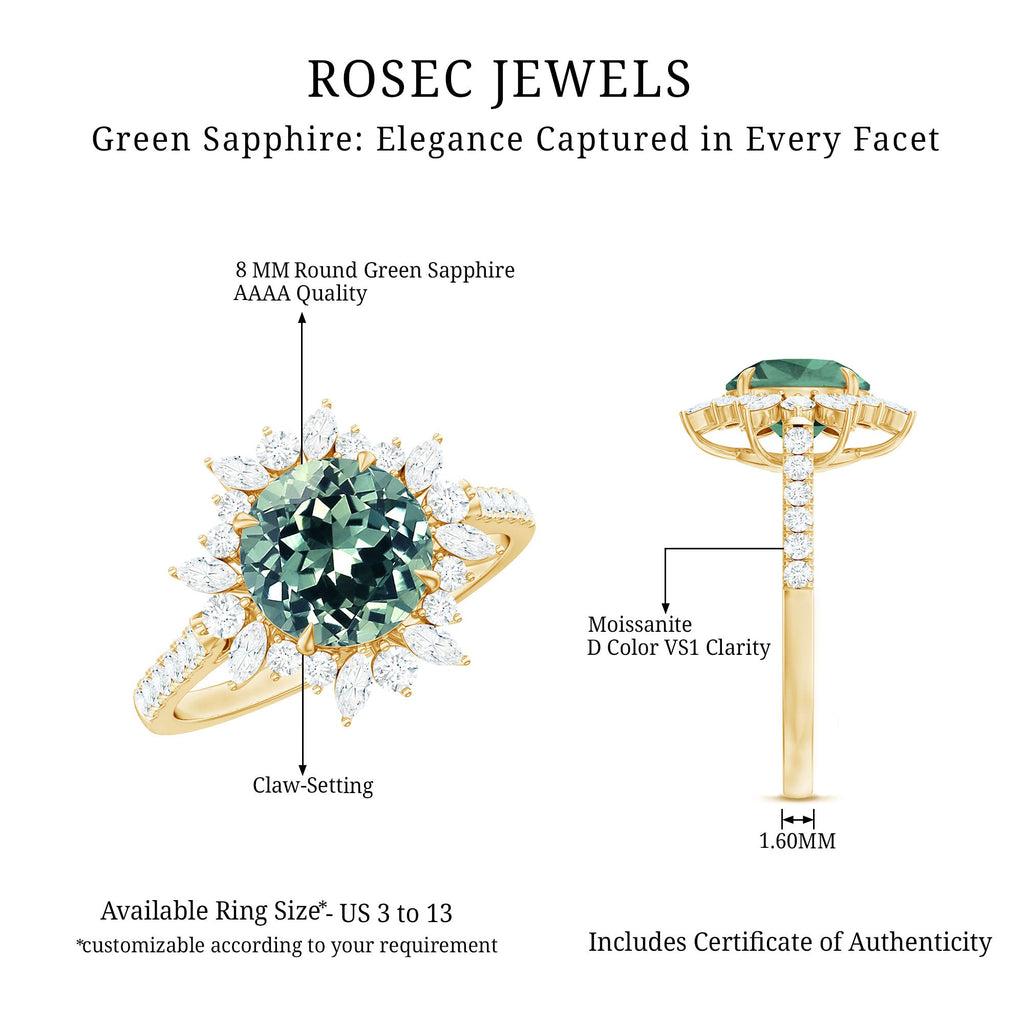 2.25 Carat Lab Grown Green Sapphire Statement Engagement Ring with Moissanite