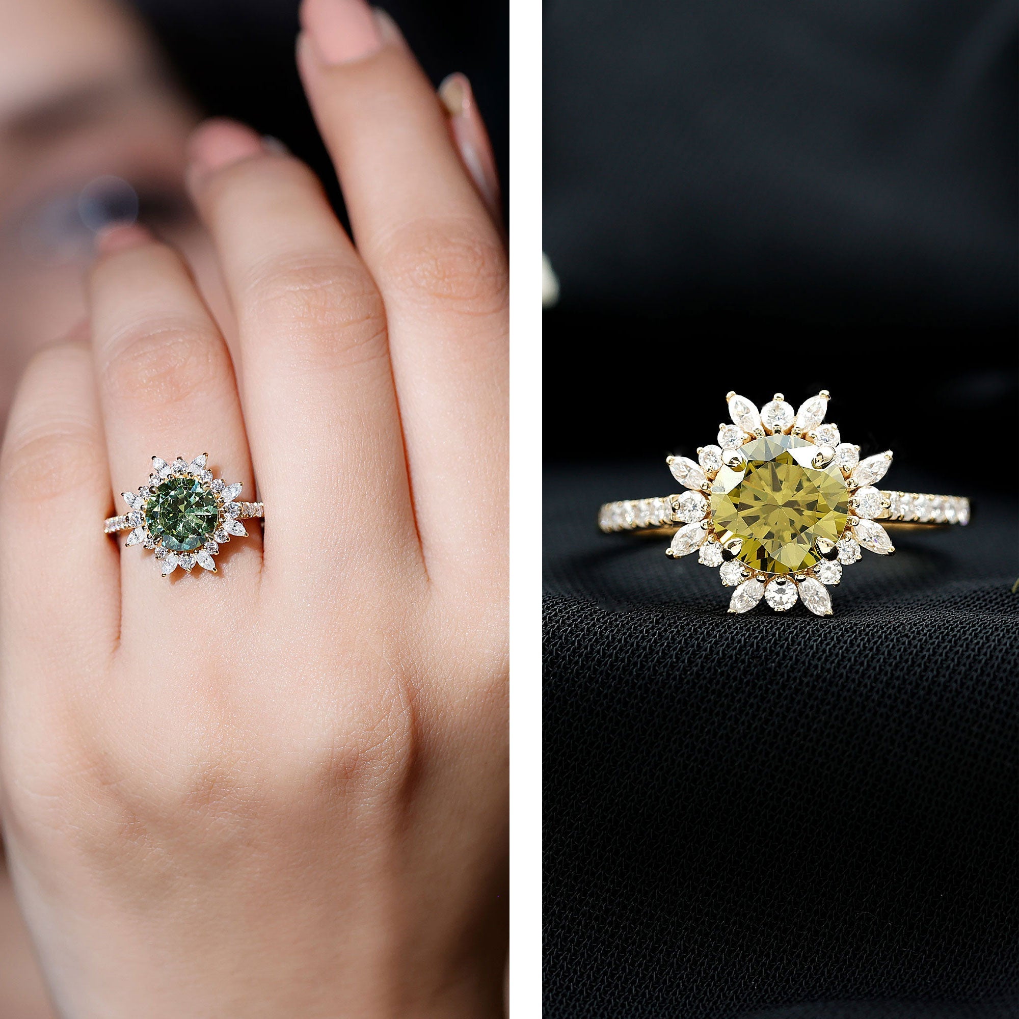 2.25 Carat Lab Grown Green Sapphire Statement Engagement Ring with Moissanite
