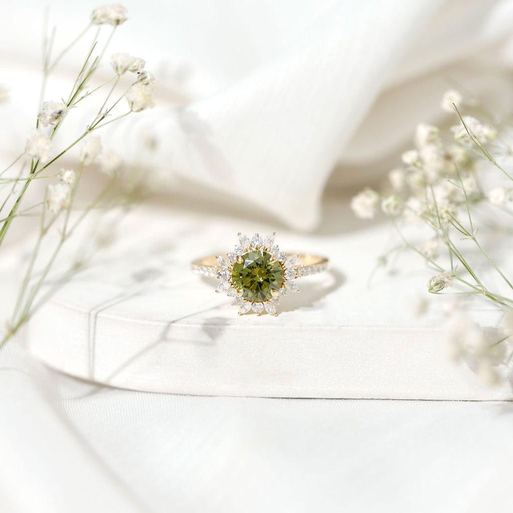 2.25 Carat Lab Grown Green Sapphire Statement Engagement Ring with Moissanite