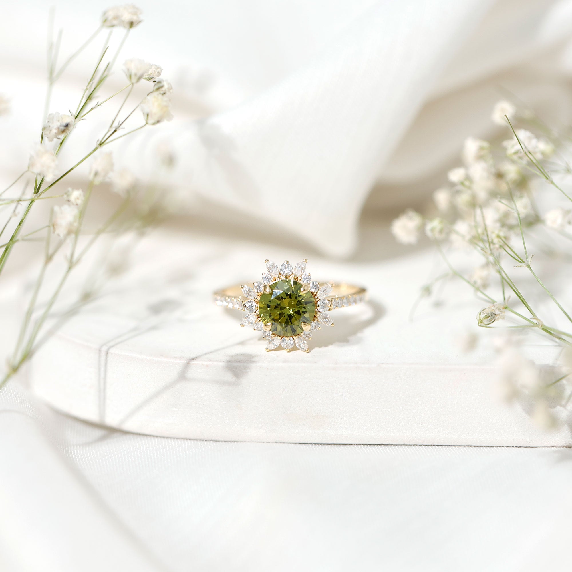 2.25 Carat Lab Grown Green Sapphire Statement Engagement Ring with Moissanite