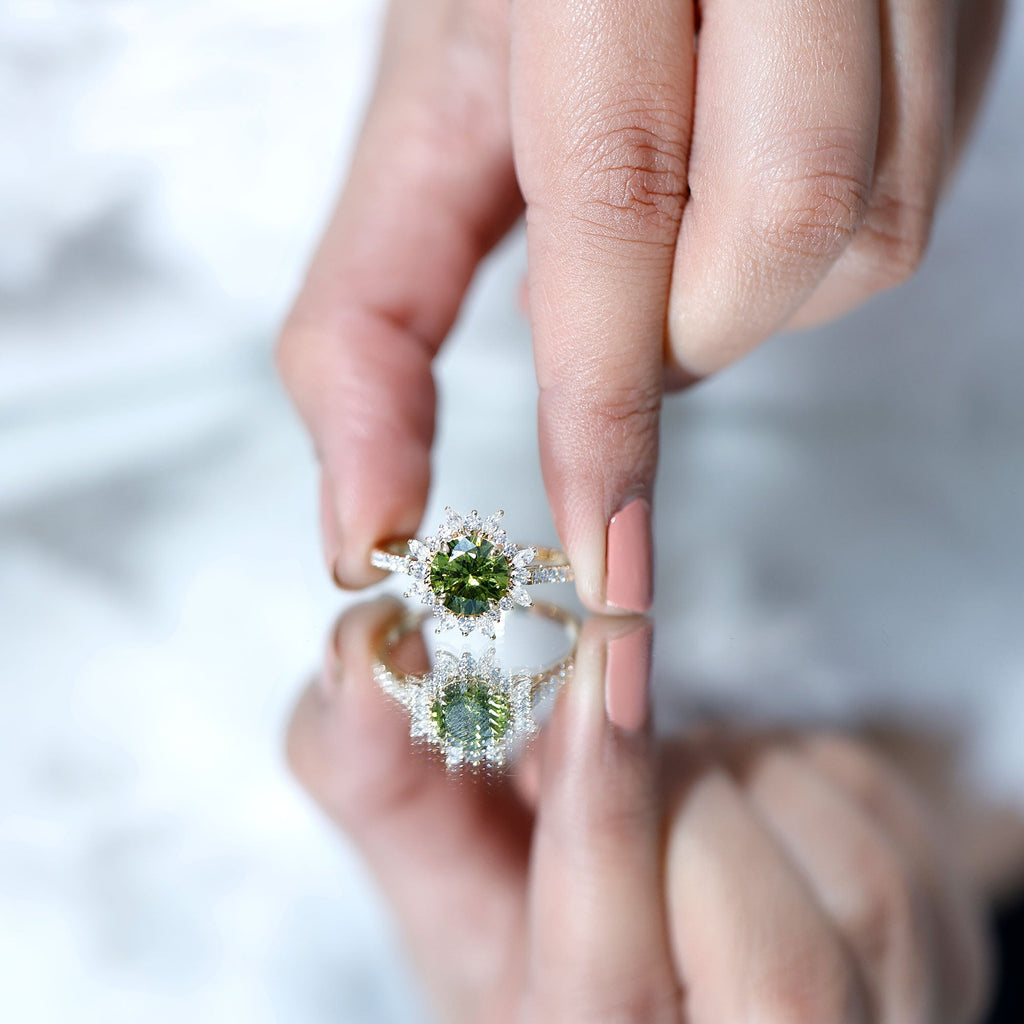 2.25 Carat Lab Grown Green Sapphire Statement Engagement Ring with Moissanite