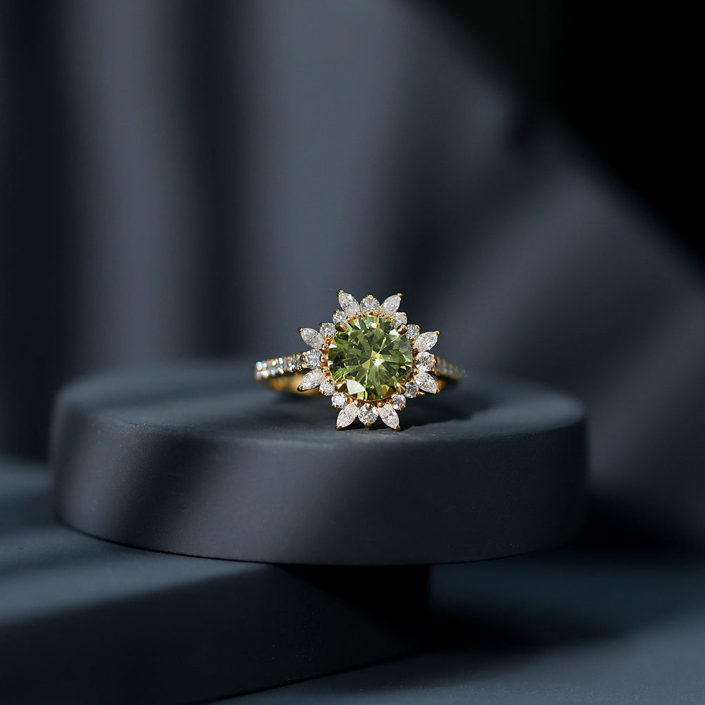 2.25 Carat Lab Grown Green Sapphire Statement Engagement Ring with Moissanite