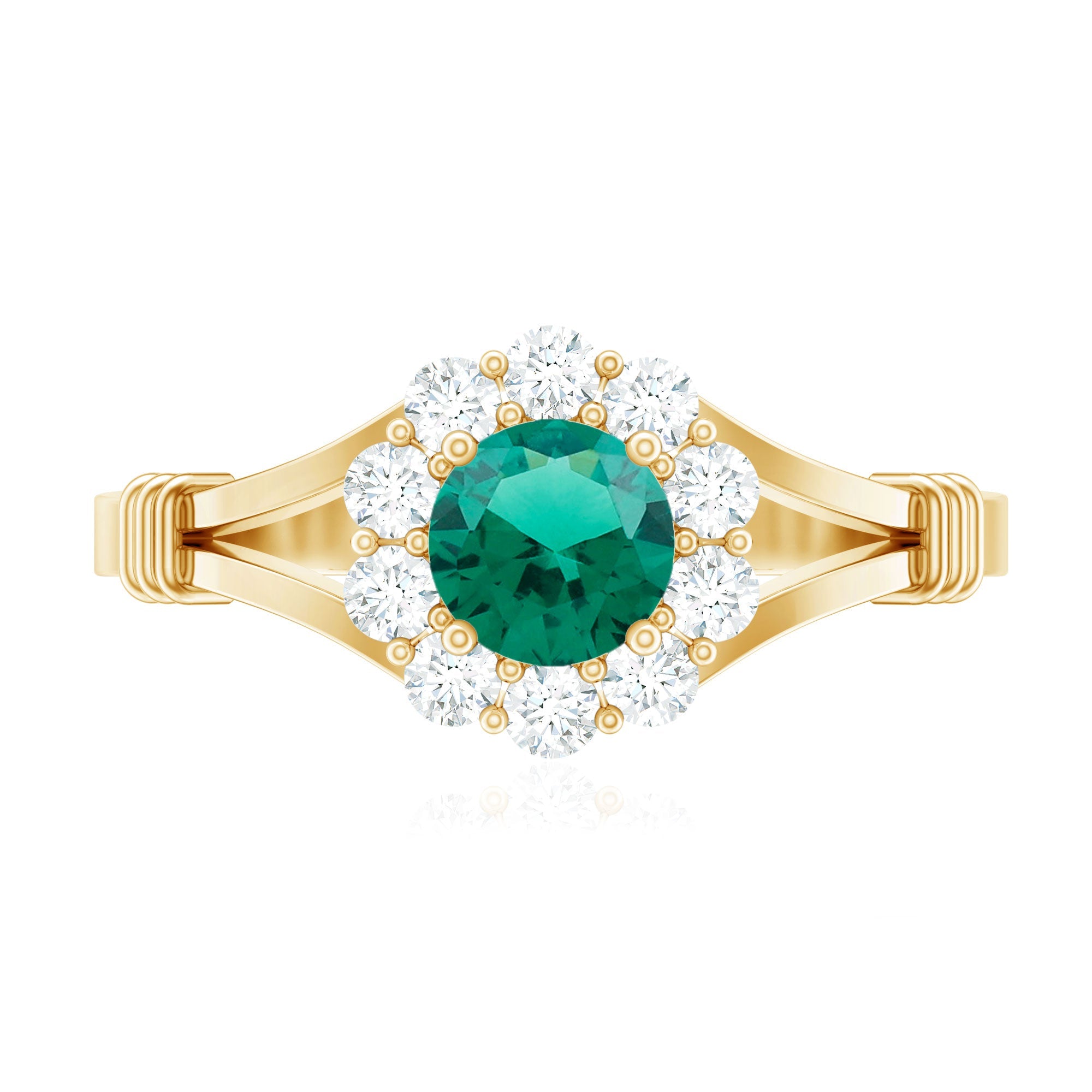 Certified 6mm Lab Grown Emerald Diamond Flower Engagement Ring with Split Shank