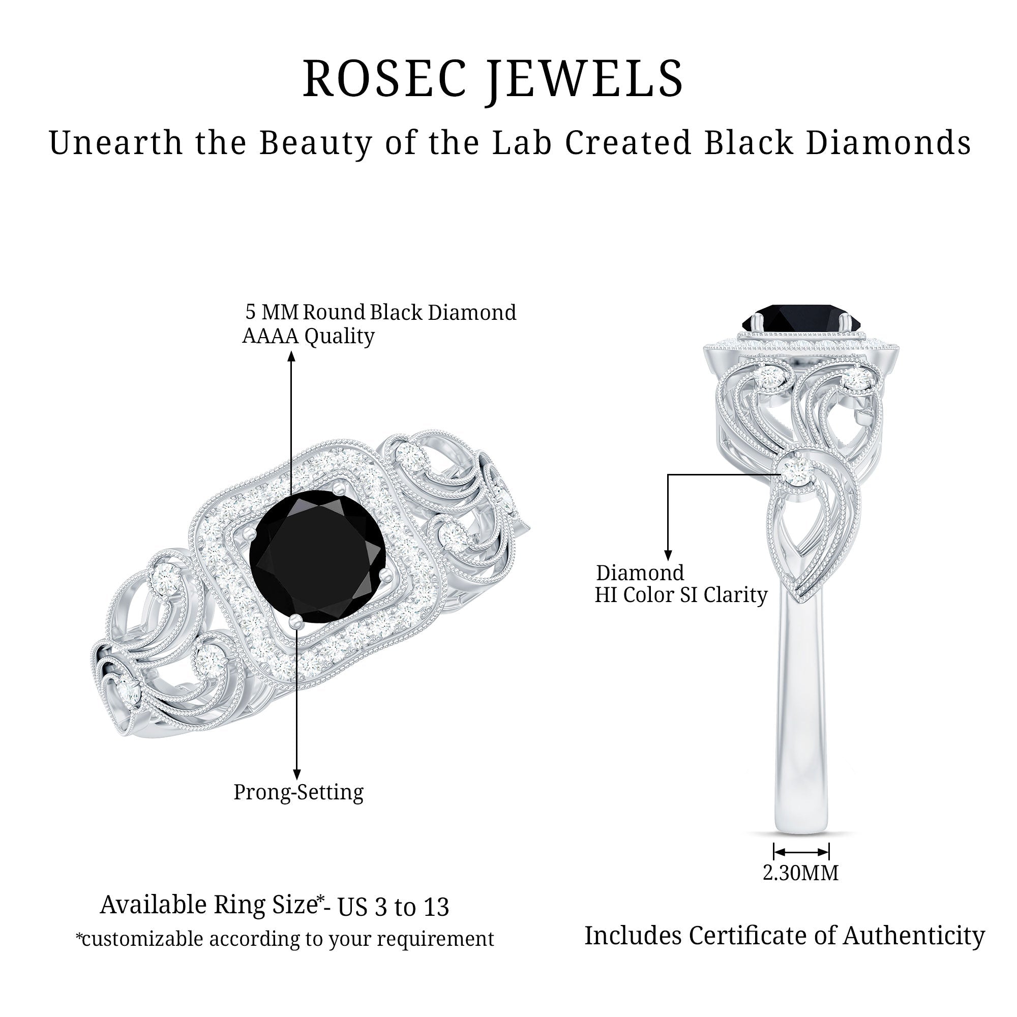 Vintage Created Black Diamond and Diamond Milgrain Engagement Ring