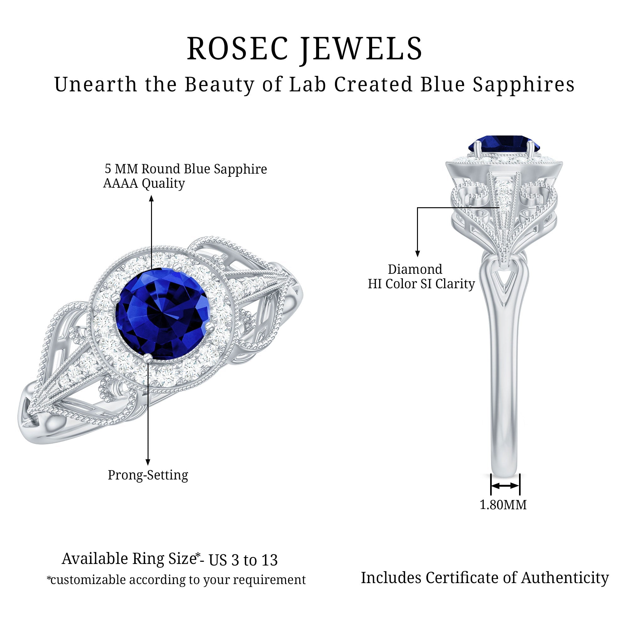 Vintage Lab-Created Blue Sapphire Diamond Engagement Ring