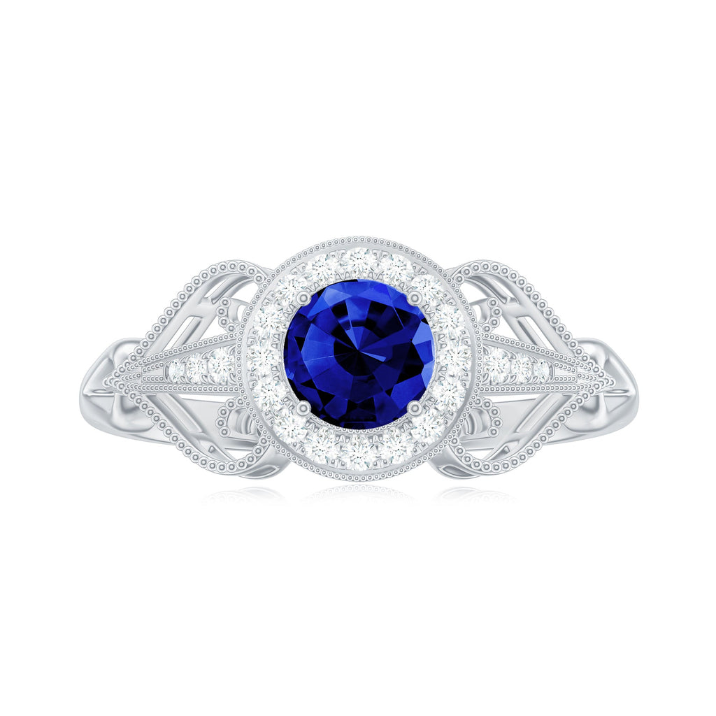 Vintage Lab-Created Blue Sapphire Diamond Engagement Ring