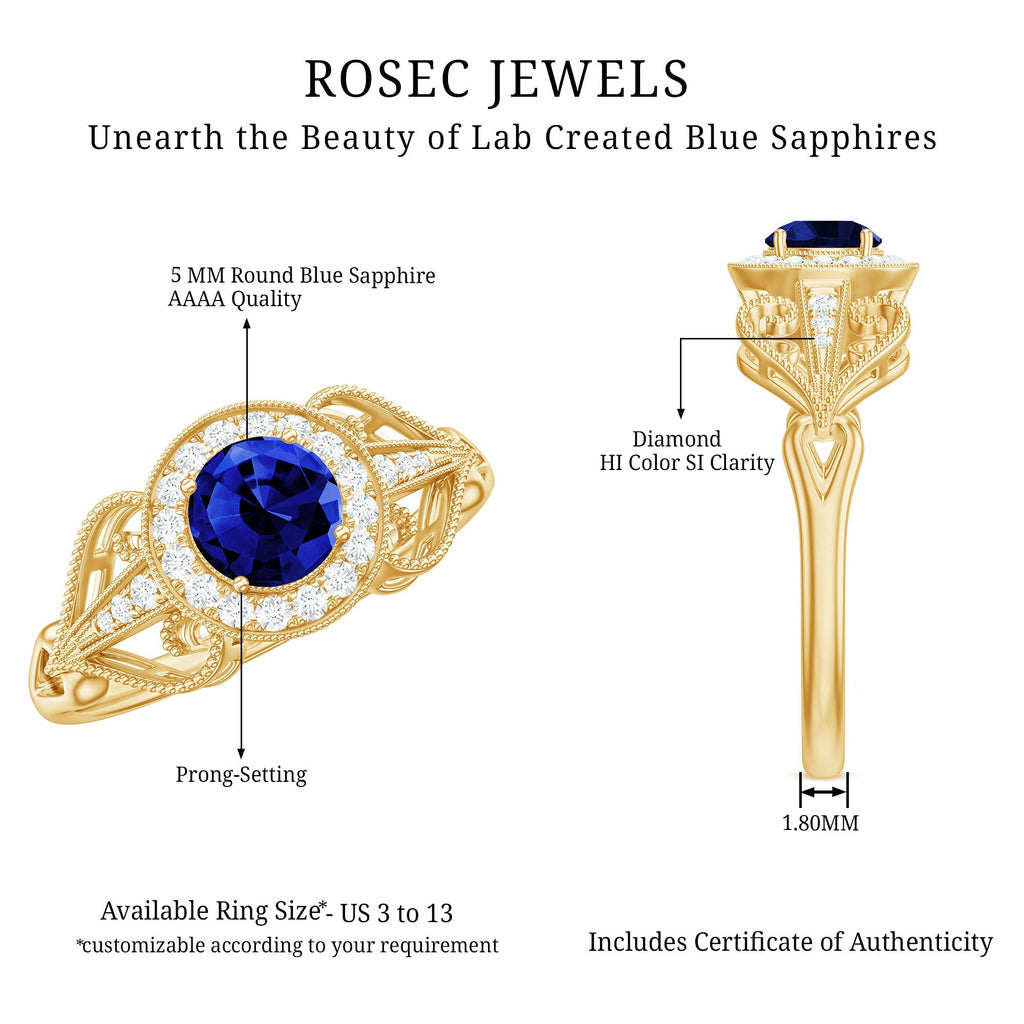 Vintage Lab-Created Blue Sapphire Diamond Engagement Ring